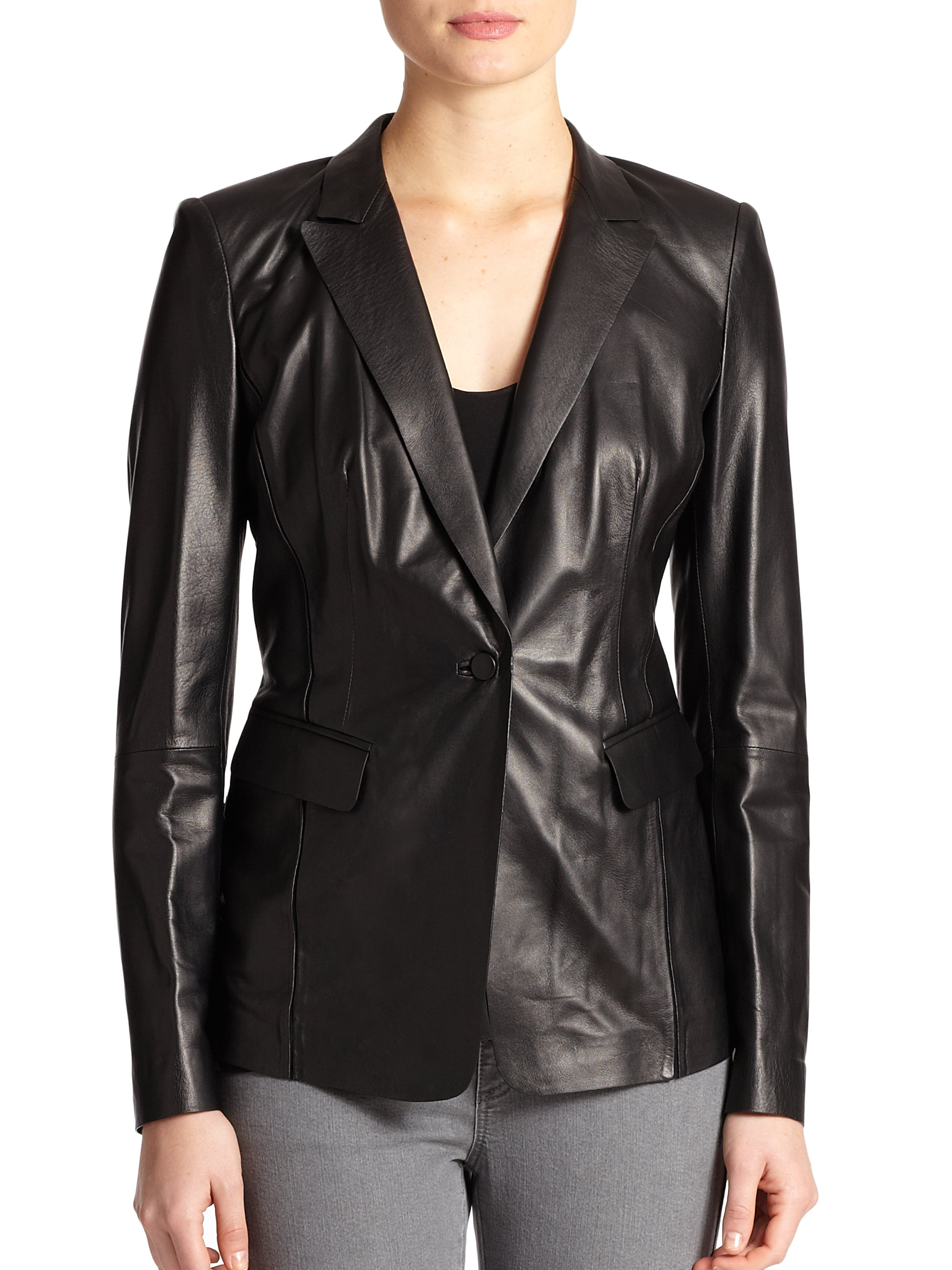 Lyst - Lafayette 148 New York Leather Lace-Back Jacket in Black