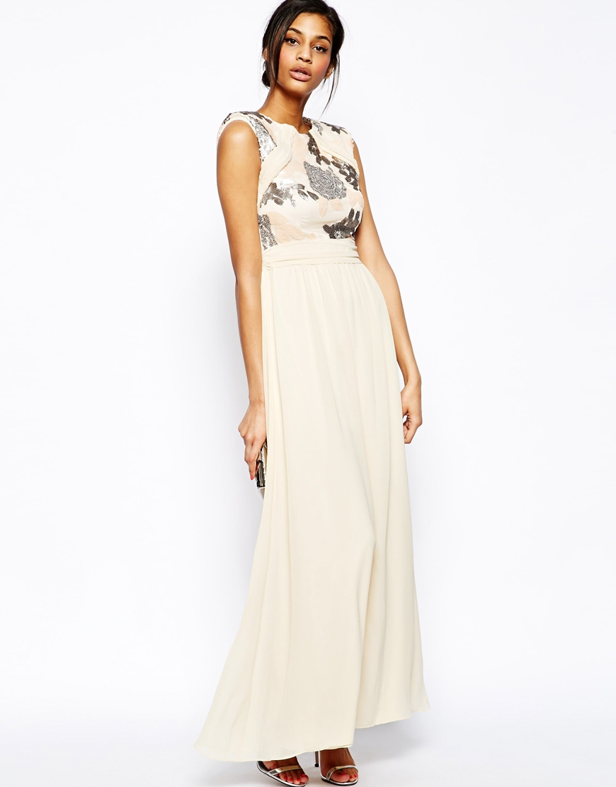Lyst - Little Mistress Maxi Dress With Sequin Bodice in Natural