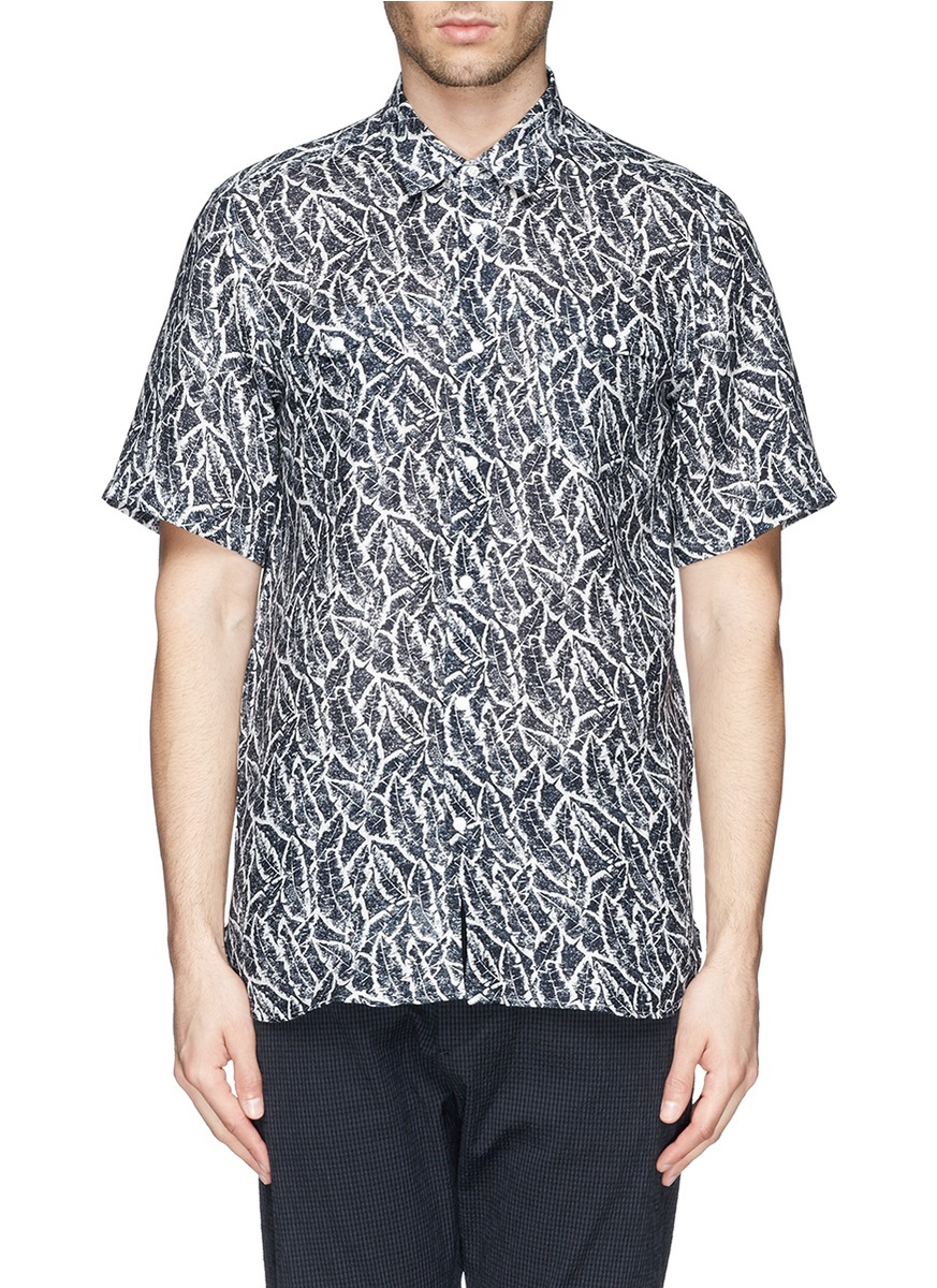Lyst - Mauro Grifoni Leaf Print Linen Cambric Shirt in Blue for Men