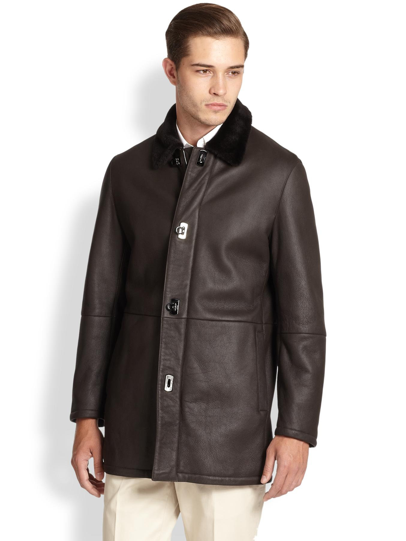 Ferragamo Leather & Lamb Shearling Coat in Brown for Men | Lyst