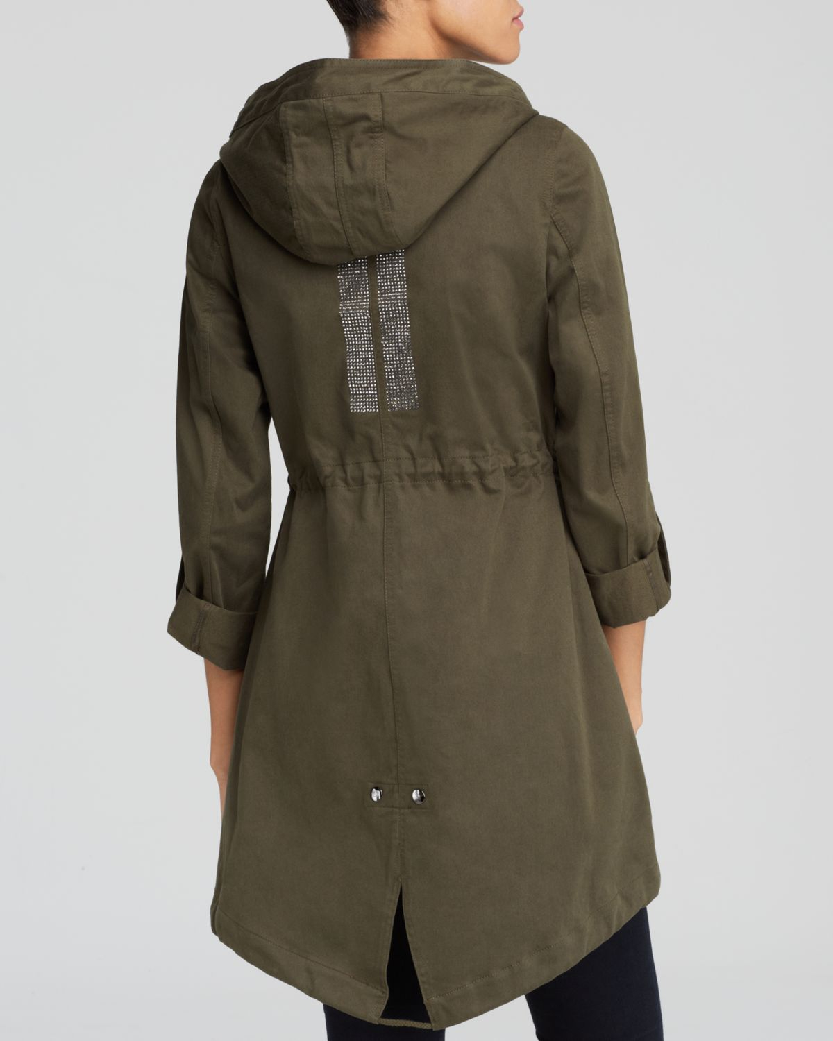 DL2 Dawn Levy Lia Moleskin womens Olive green fishtail Hooded Trench
