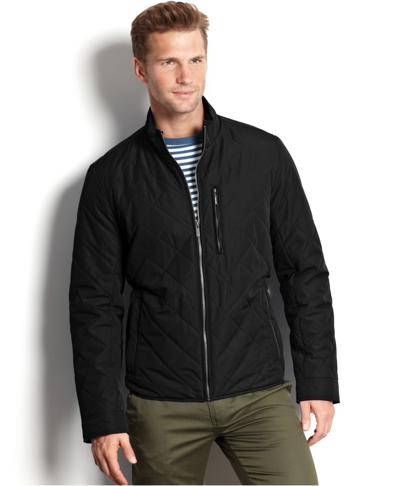 Cole haan Quilted Zip-front Stand-collar Jacket in Black for Men | Lyst