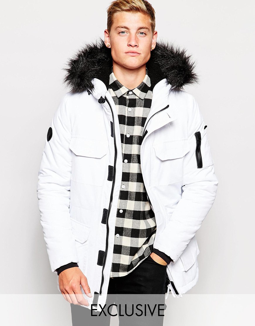 Bellfield Exclusive Parka With Faux Fur Hood in White for Men | Lyst