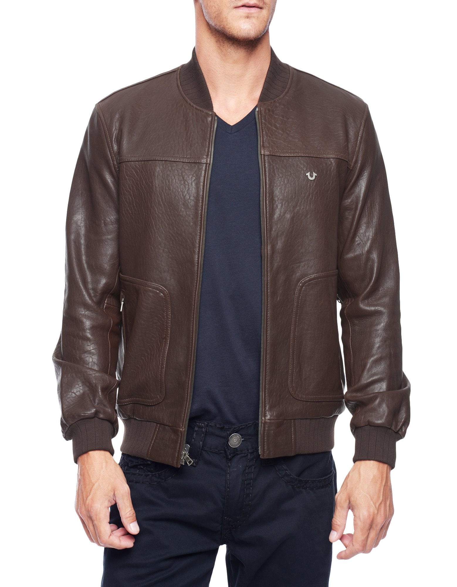 True religion Leather Baseball Mens Bomber Jacket in Brown for Men | Lyst