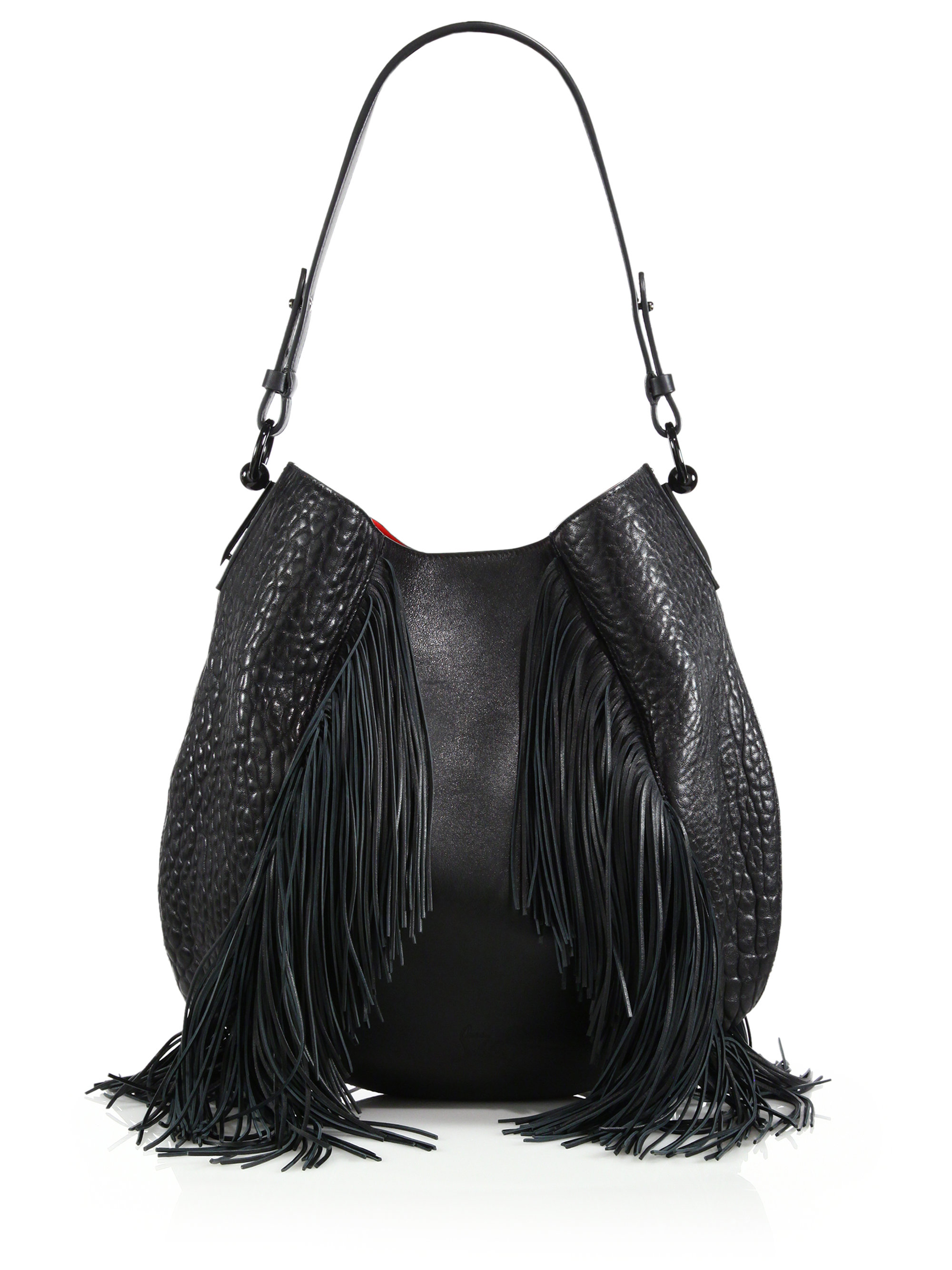 Lyst - Christian Louboutin Lucky L Fringed Pebbled Leather Hobo Bag in Black