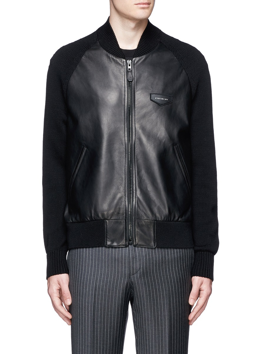 Givenchy Rib Knit Sleeve Leather Er Jacket In Black For Men Lyst Gallery