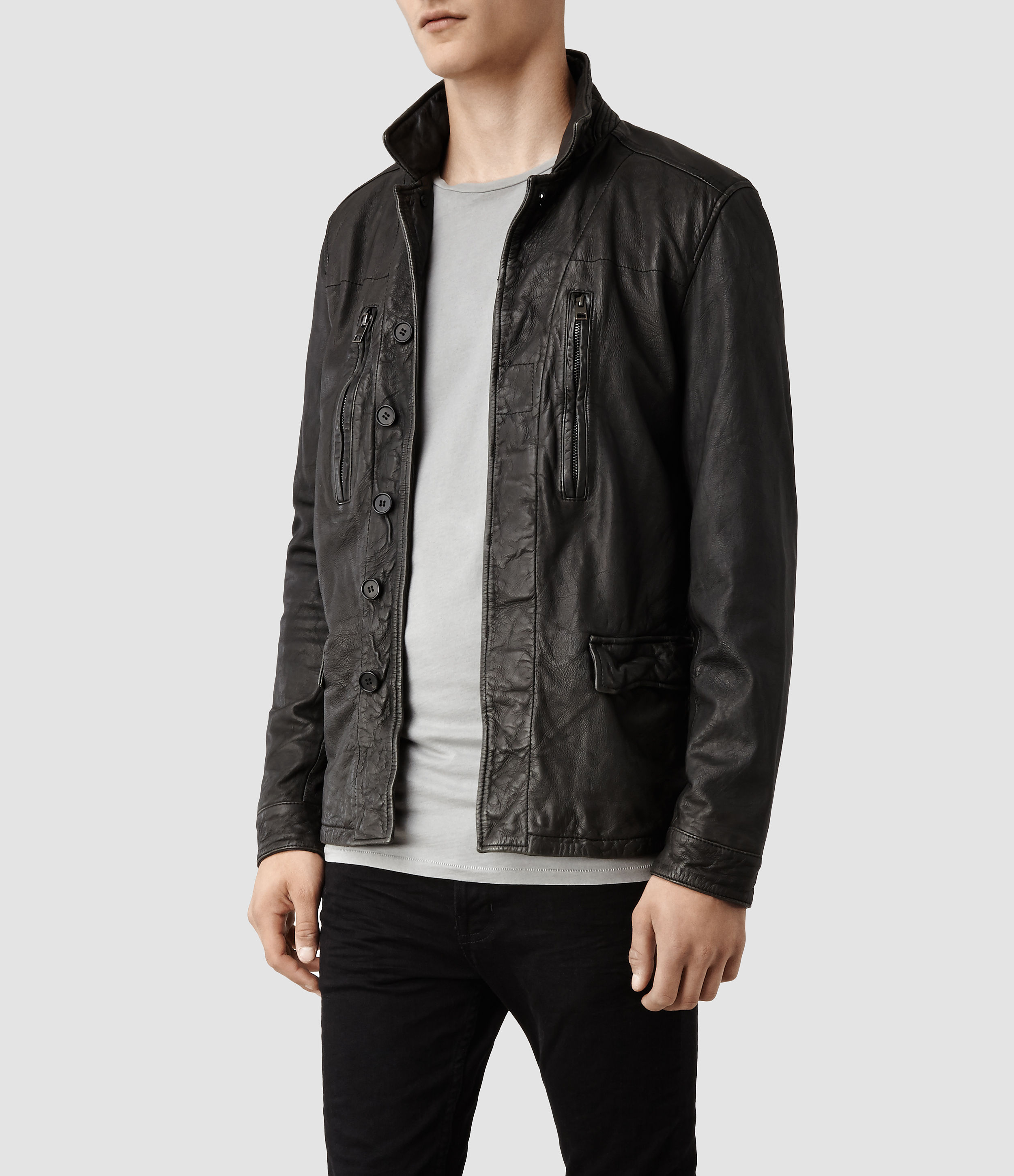 Allsaints Melville Leather Jacket In Gray For Men Lyst Gallery Men S Waxed Cotton Jackets