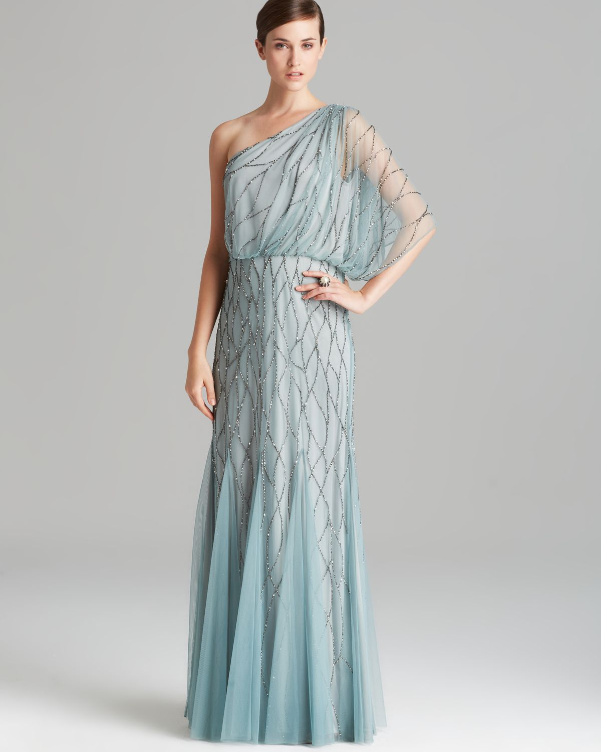 adrianna papell gray gown one shoulder blouson with beaded mesh product 1 16939661 0 527778257 normal