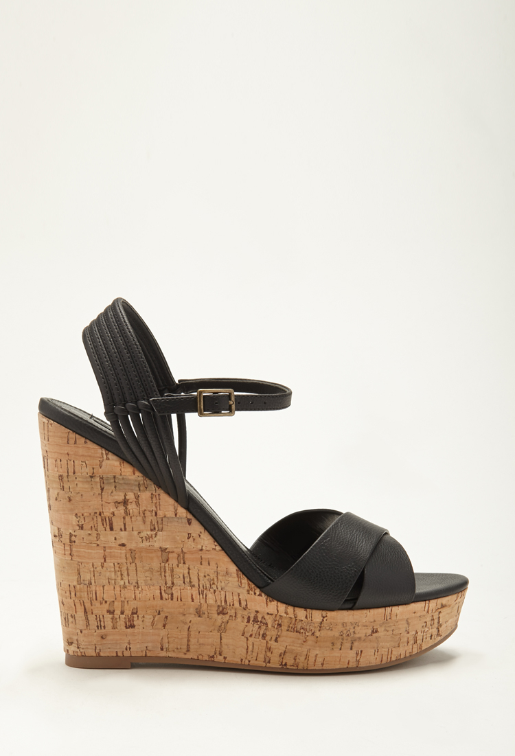Forever 21 Strappy Cork Wedge Sandals in Black | Lyst