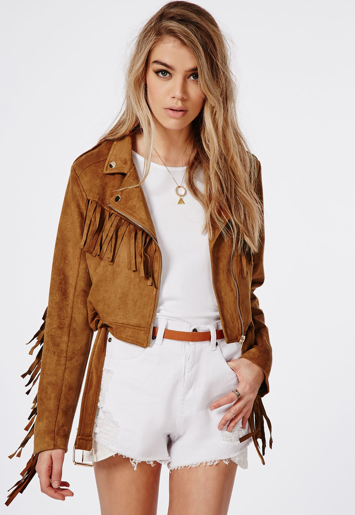 Lyst Missguided Fringed Faux Suede Biker Jacket Tan In Brown Gallery