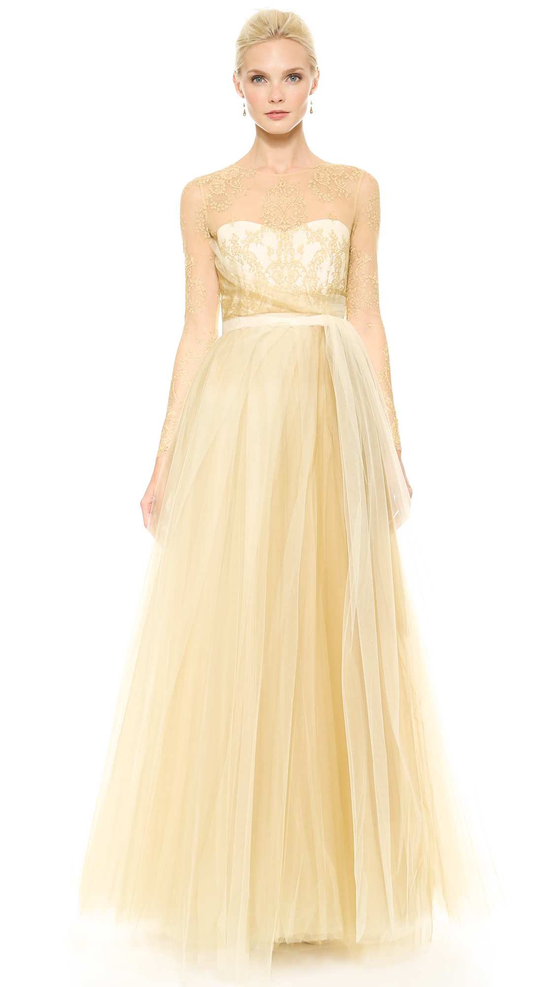 Lyst Notte By Marchesa Ball Gown With Tulle Skirt Gold In Metallic 0602