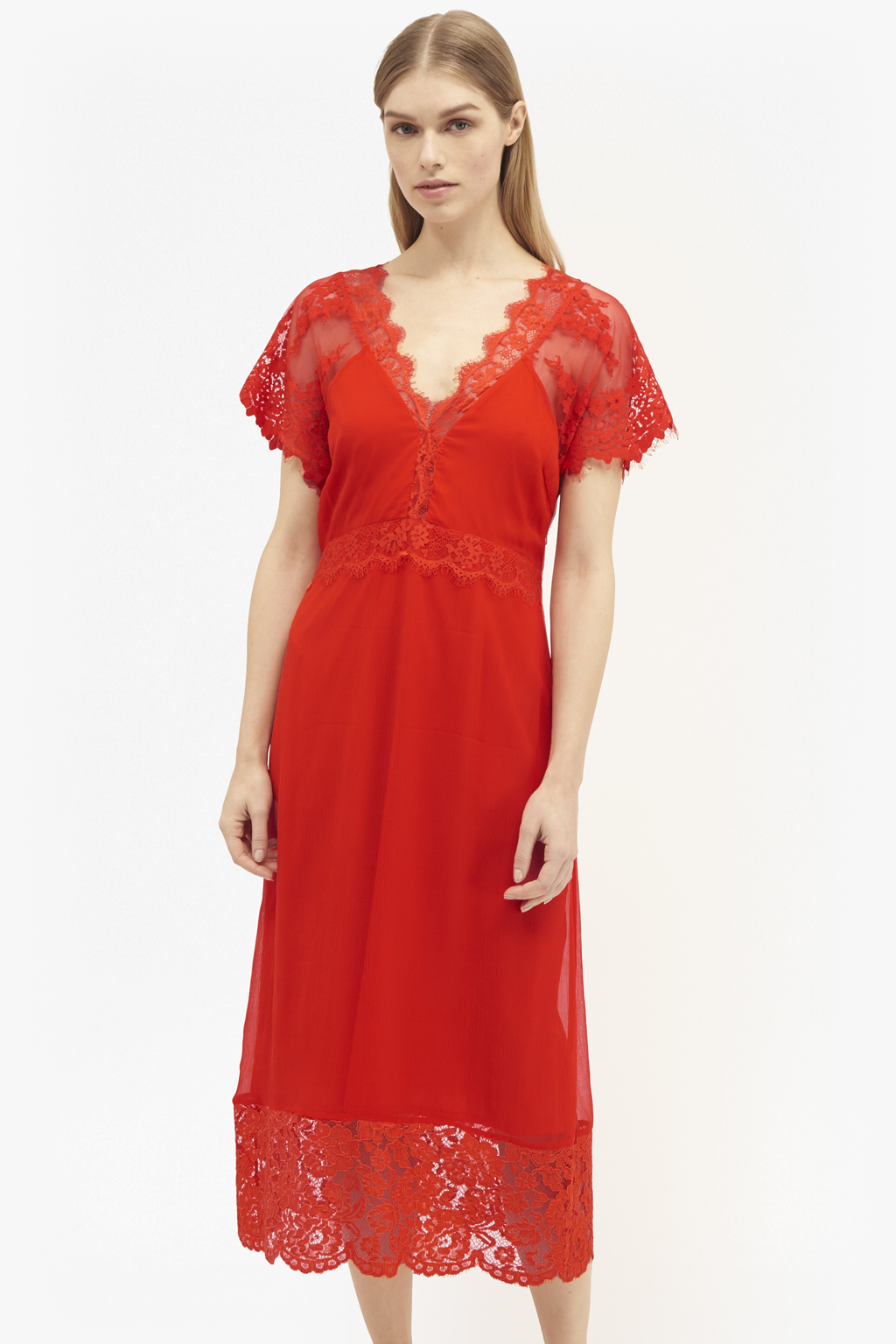 French connection Siena Lace Midi Tea Dress in Red | Lyst
