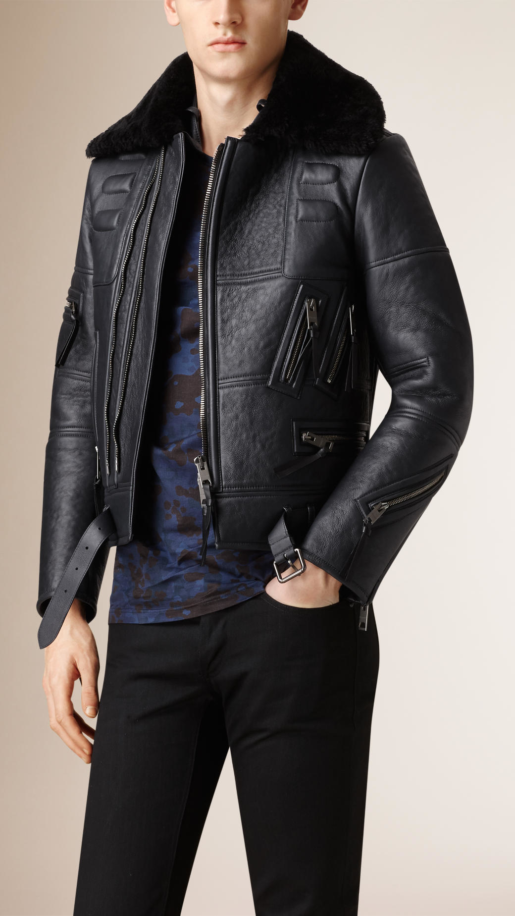 Lyst - Burberry Shearling Biker Jacket With Fur Collar in Blue for Men