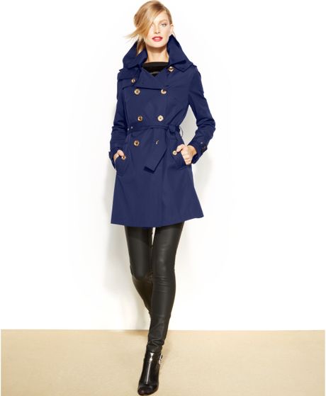 Michael Kors Michael Petite Double-Breasted Trench Coat in Blue ...