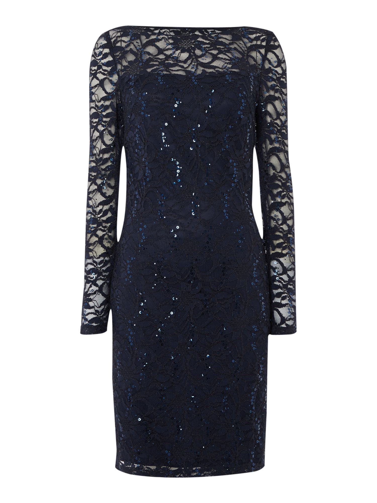 Js collections Long Sleeve Dress With Sequin Lace in Blue | Lyst