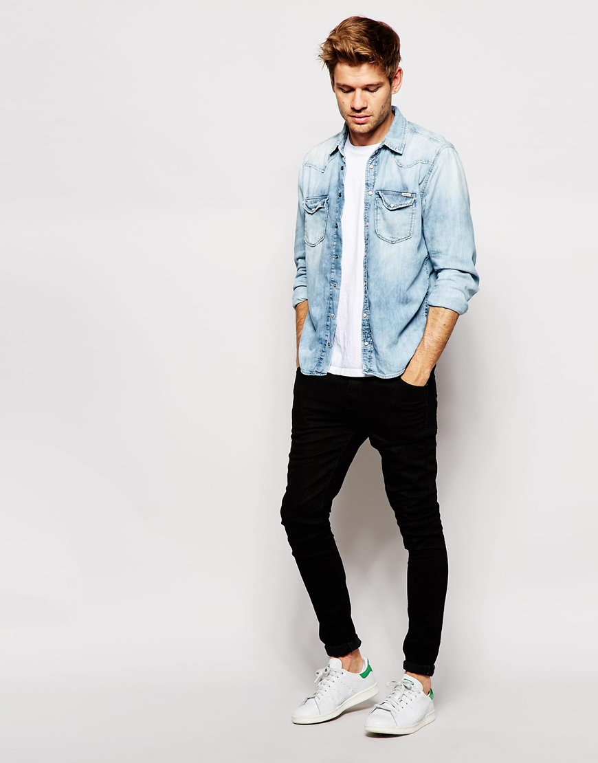 light denim shirt mens outfit