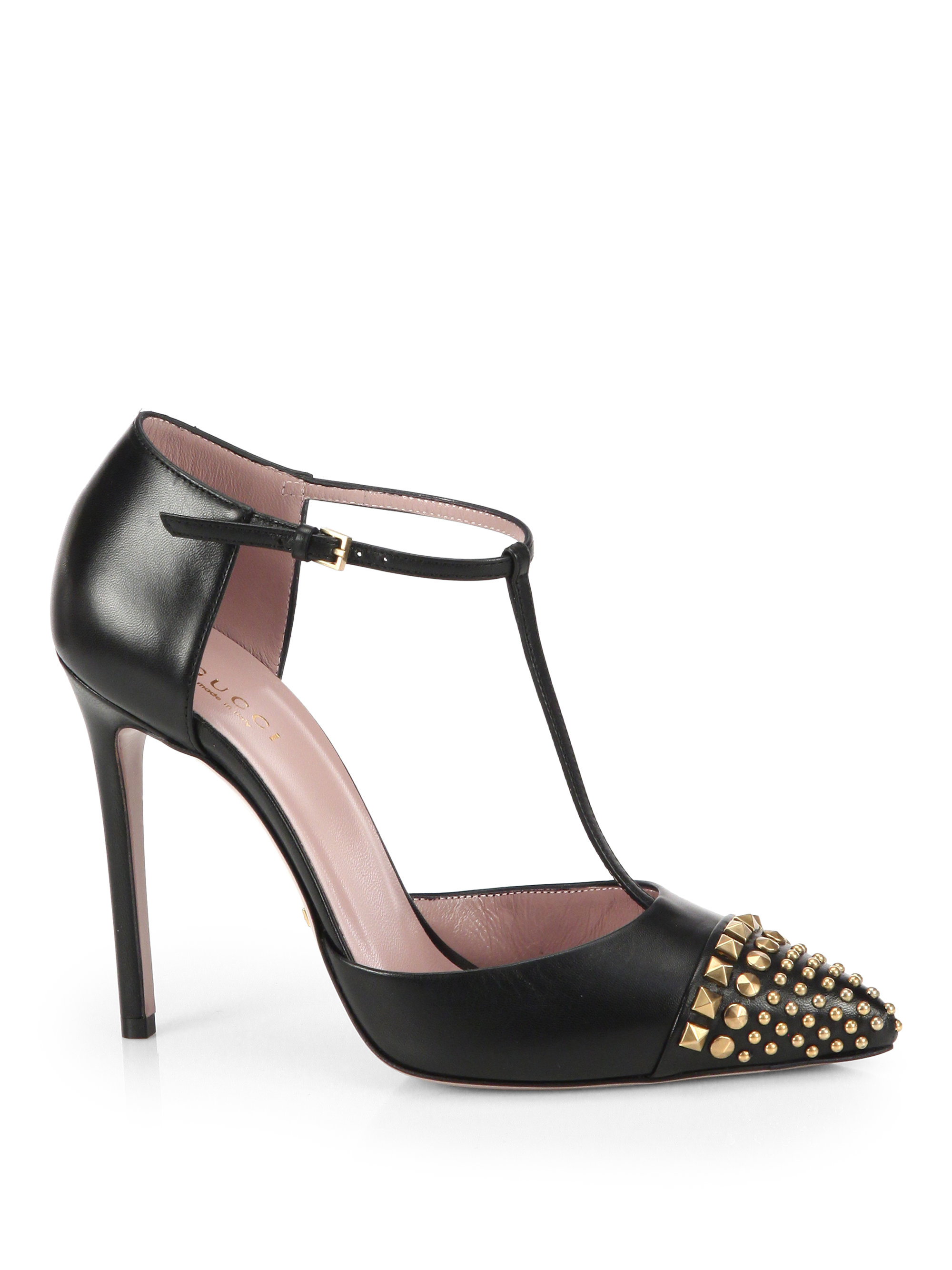 Gucci Studded Leather T-Strap Pumps in Black | Lyst