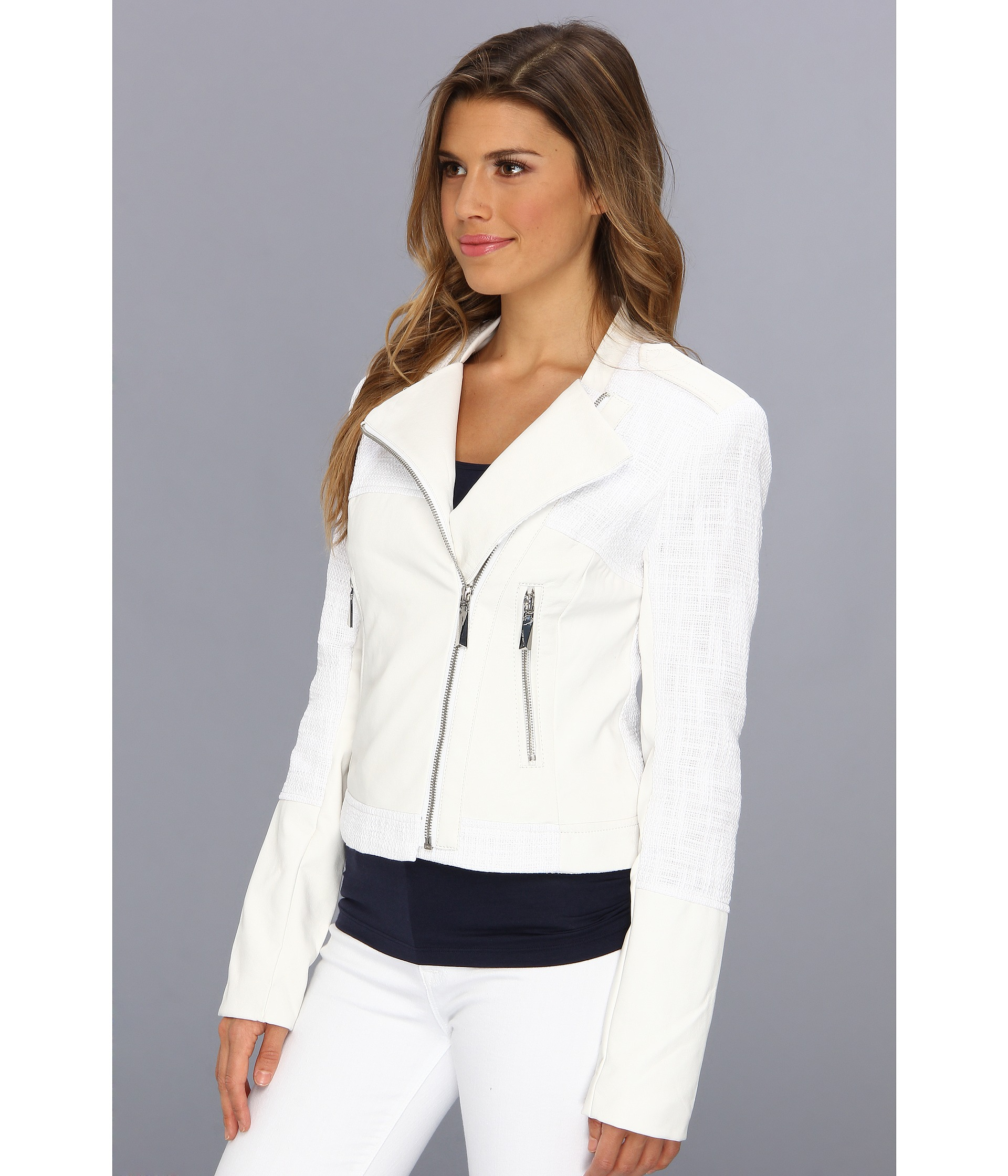 Lyst Vince Camuto Faux Leather Tweed Moto Jacket F8131 In White Gallery