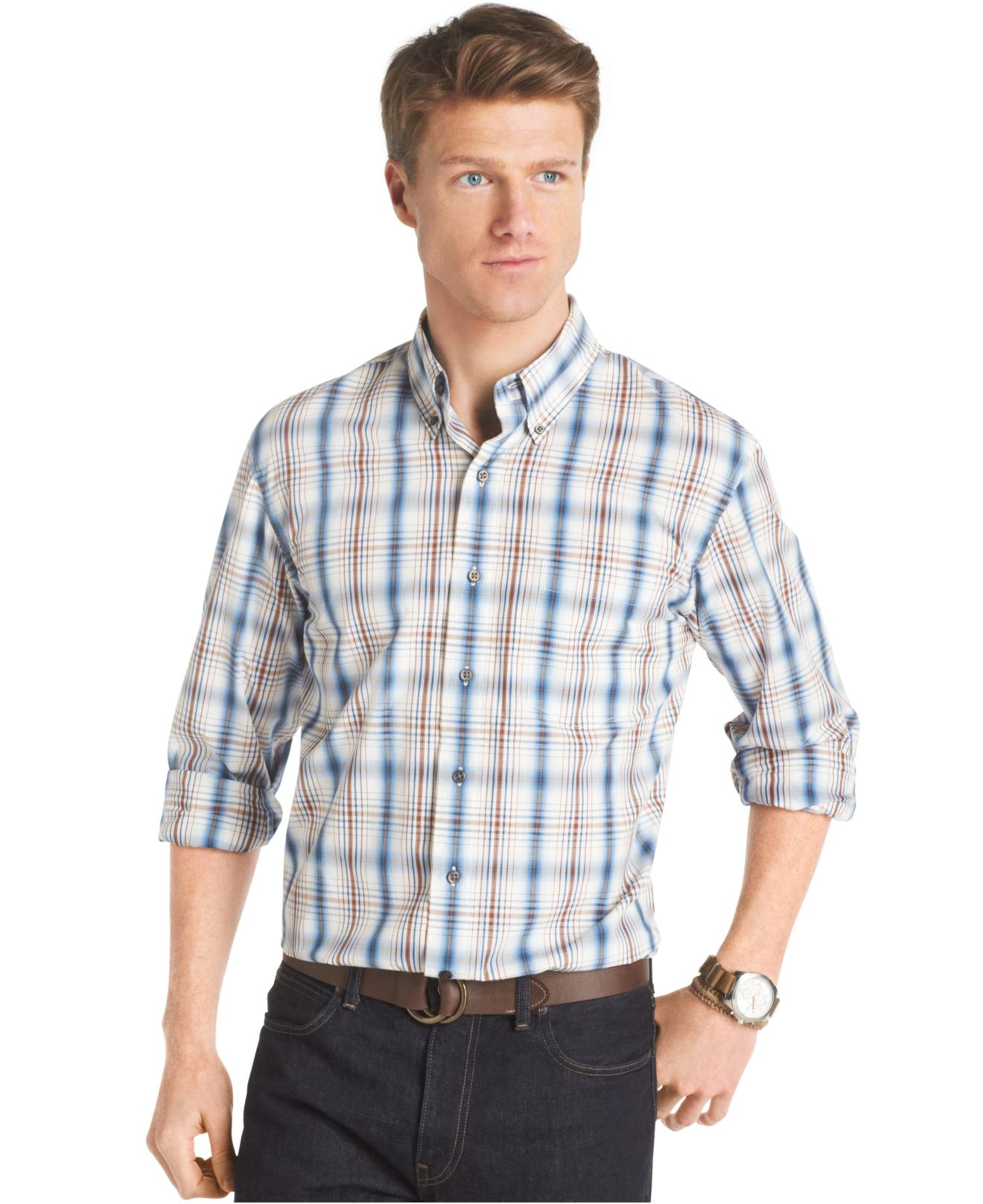 Izod Long-Sleeve Ombre Plaid Shirt in Beige for Men (Majolica Blue) | Lyst