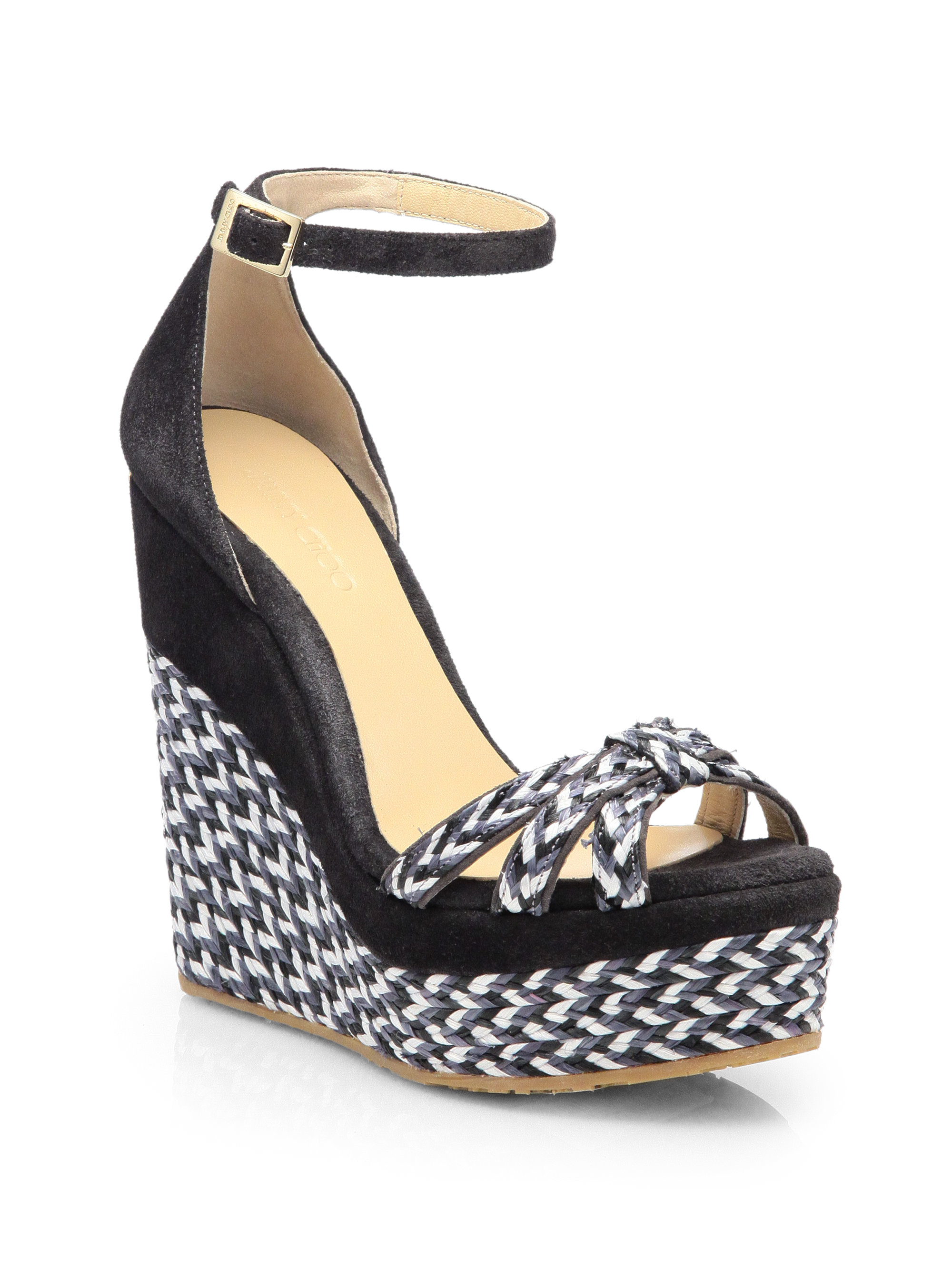Jimmy choo Promise Suede Woven Espadrille Wedge Sandals in Black | Lyst