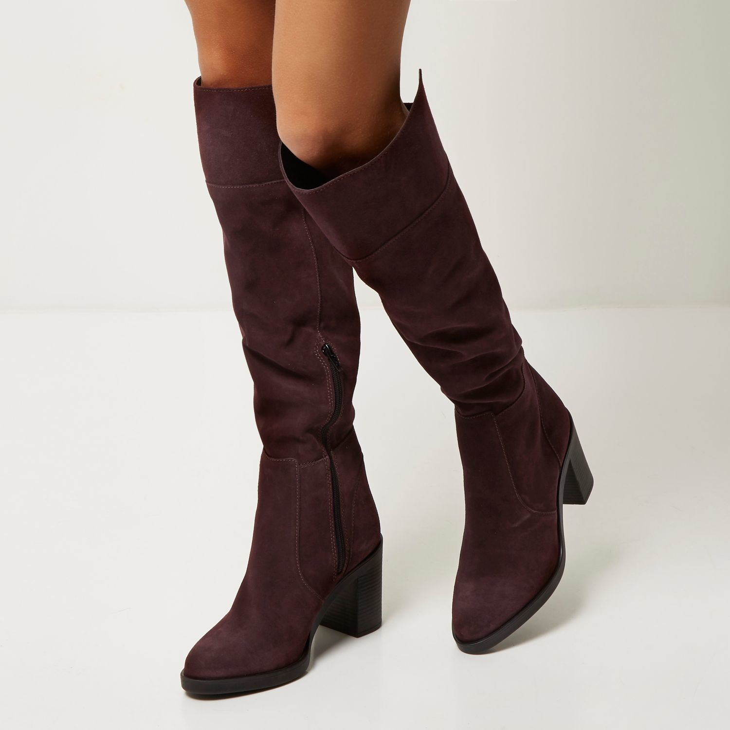 Lyst River Island Dark Red Suede Knee High Boots in Red