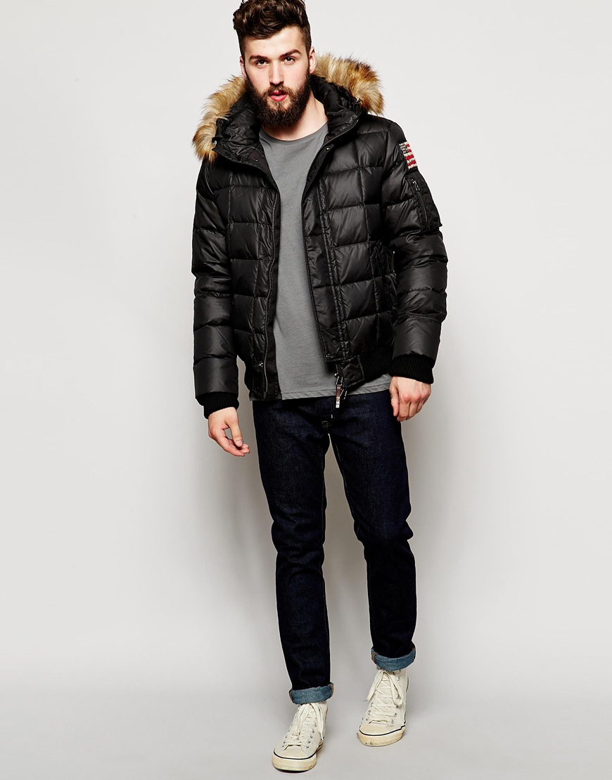 True religion Quilted Jacket With Faux Fur Hood in Black for Men | Lyst