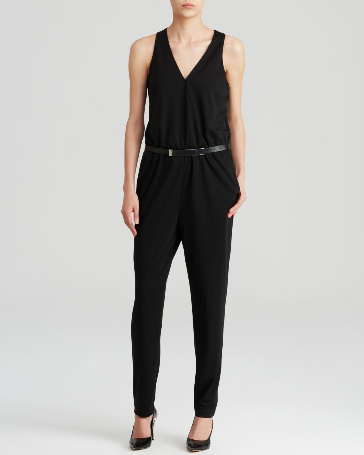 Lyst Dkny VNeck Belted Jumpsuit in Black