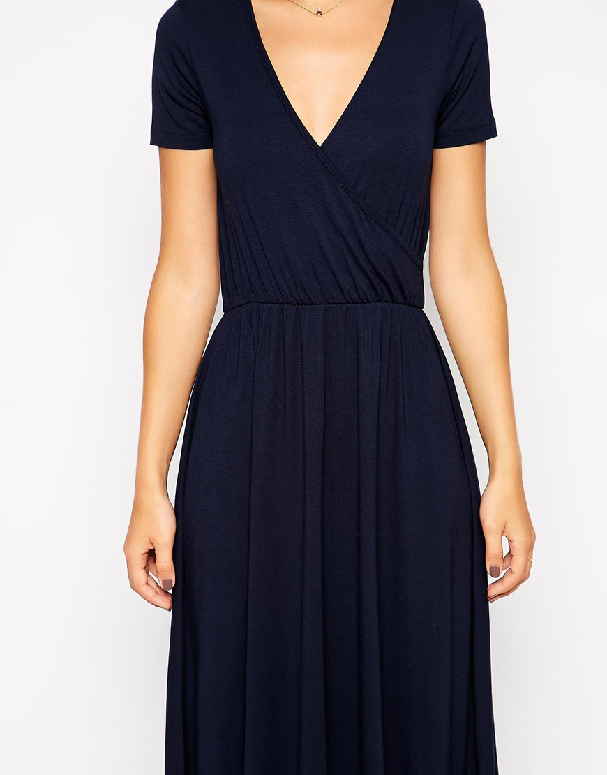 Lyst - ASOS Midi Skater Dress With Wrap Front And Short Sleeves in Black