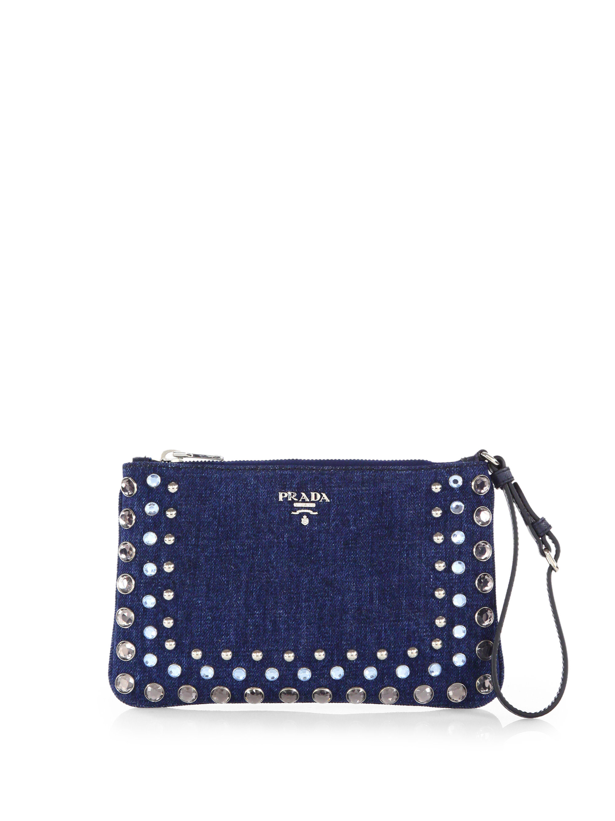 Prada Studded Denim Clutch in Blue (AVIO-BLUE) | Lyst