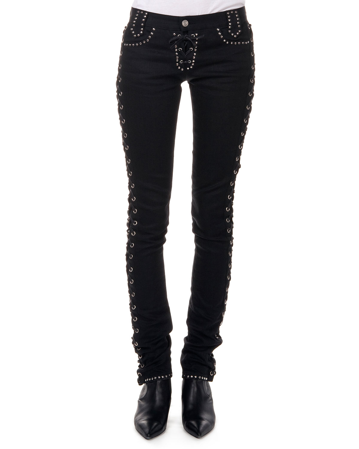 Lyst - Saint Laurent Studded Jeans W/ Corset Sides in Black