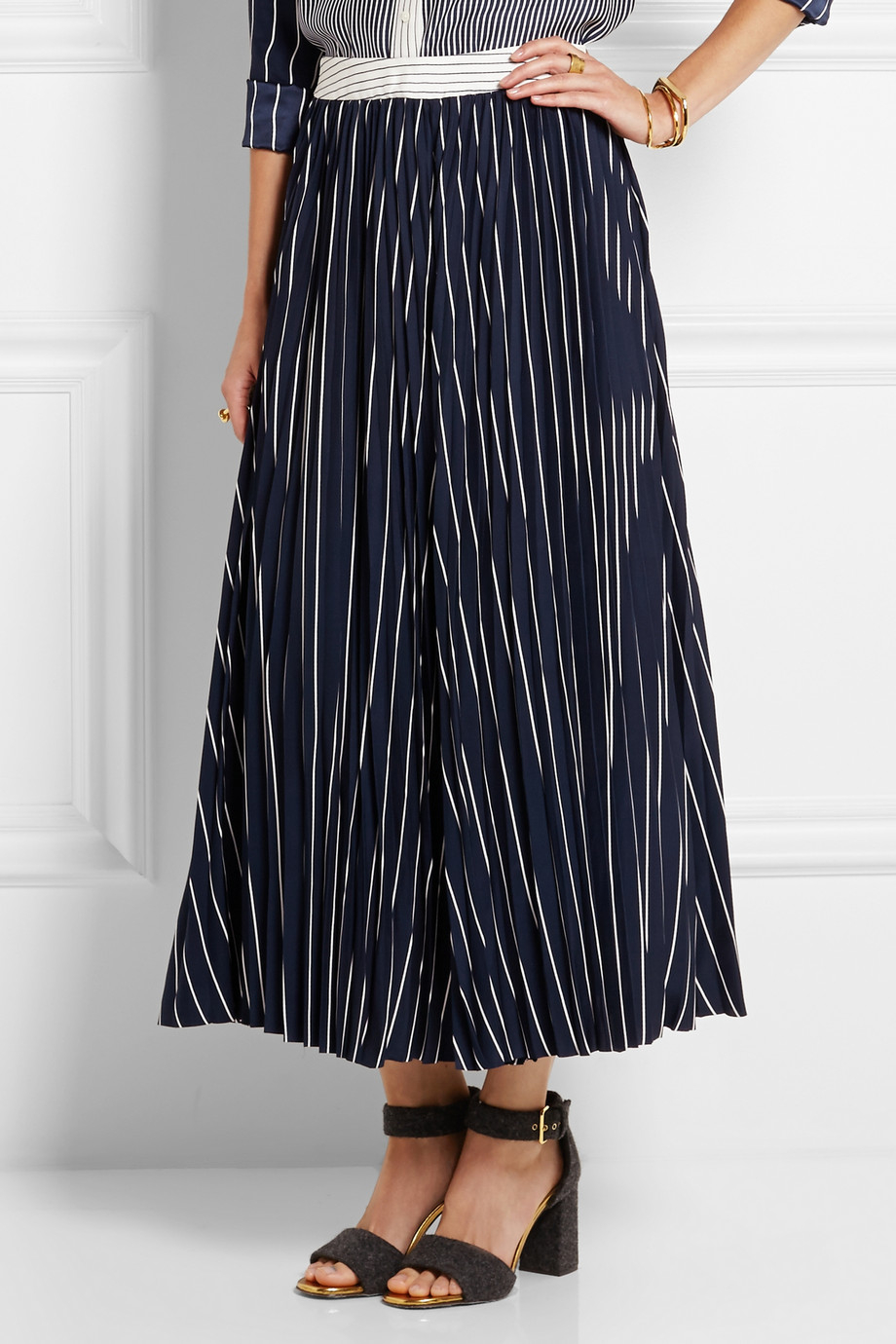 Joseph Pleated Striped Silk Midi Skirt In Blue Lyst