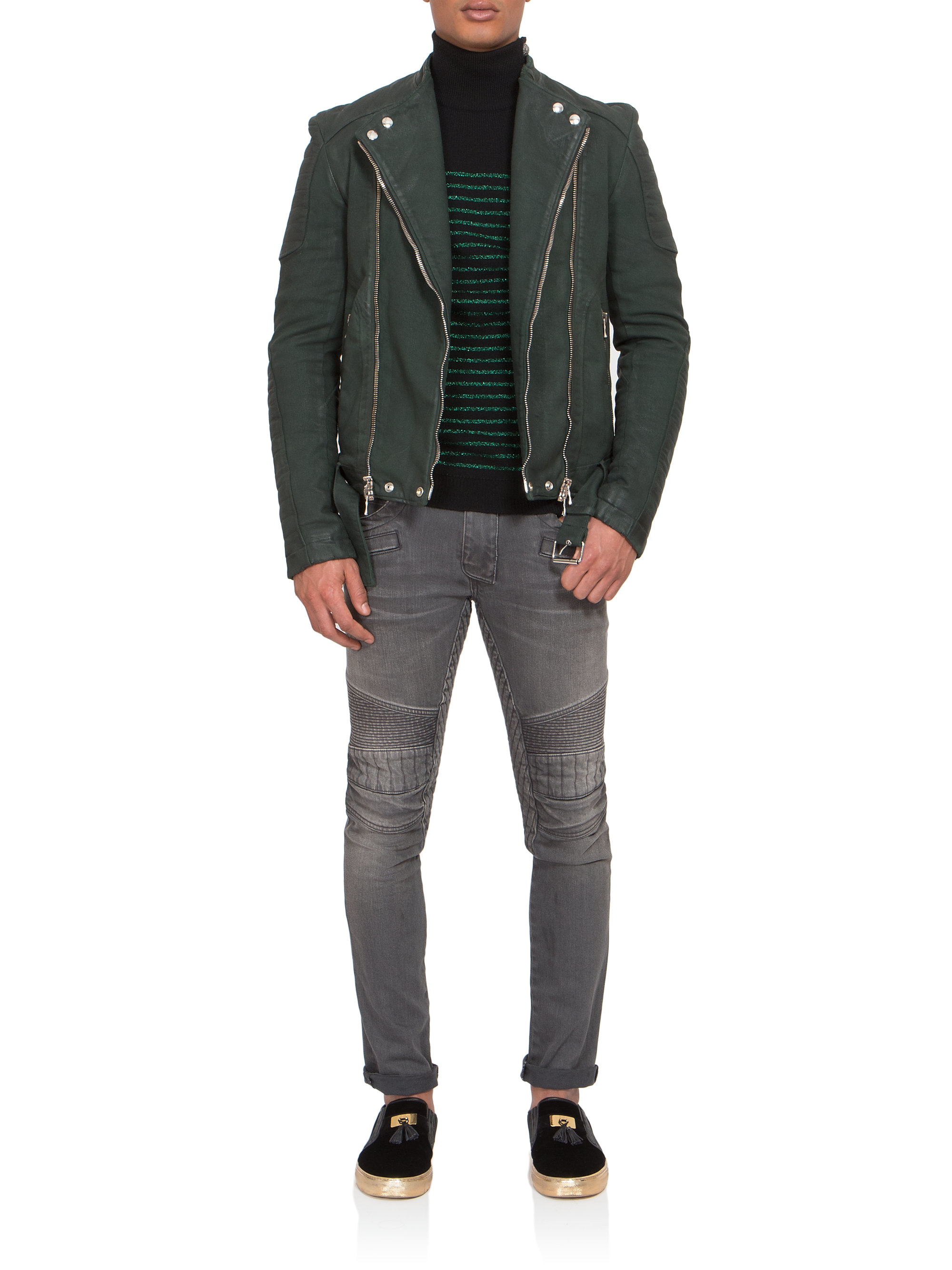 Lyst Balmain Quilted Coated Denim Biker Jacket in Green for Men