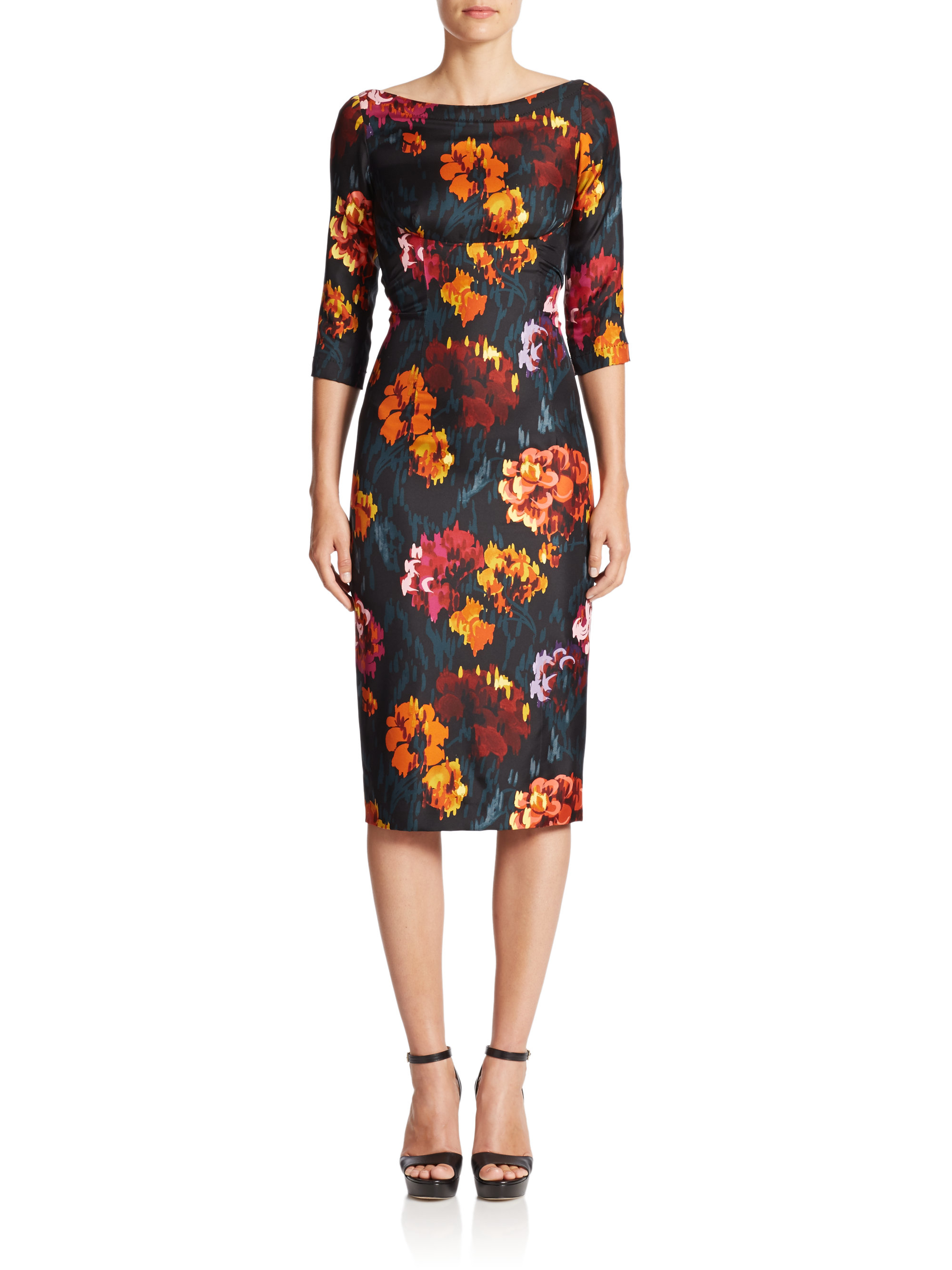 Oscar de la renta Printed Silk Sheath Dress in Black | Lyst