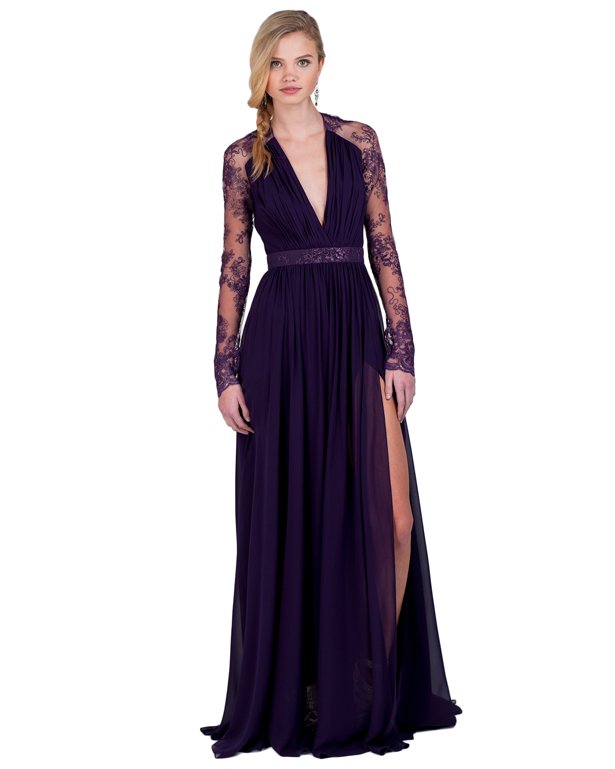 Badgley mischka Long-Sleeve Lace Evening Gown in Purple | Lyst