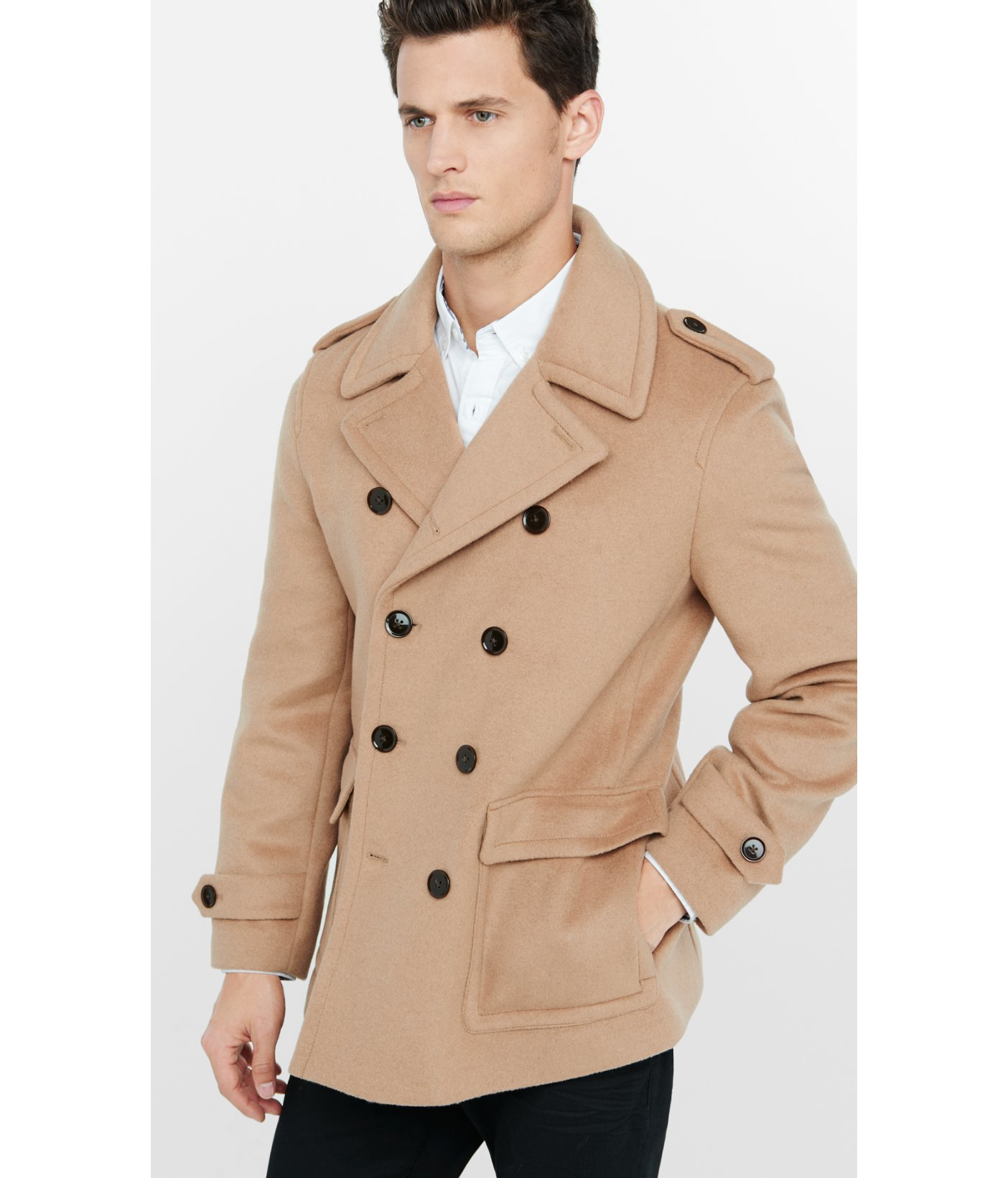 Lyst - Express Wool Blend Camel Double Breasted Peacoat in Brown for Men