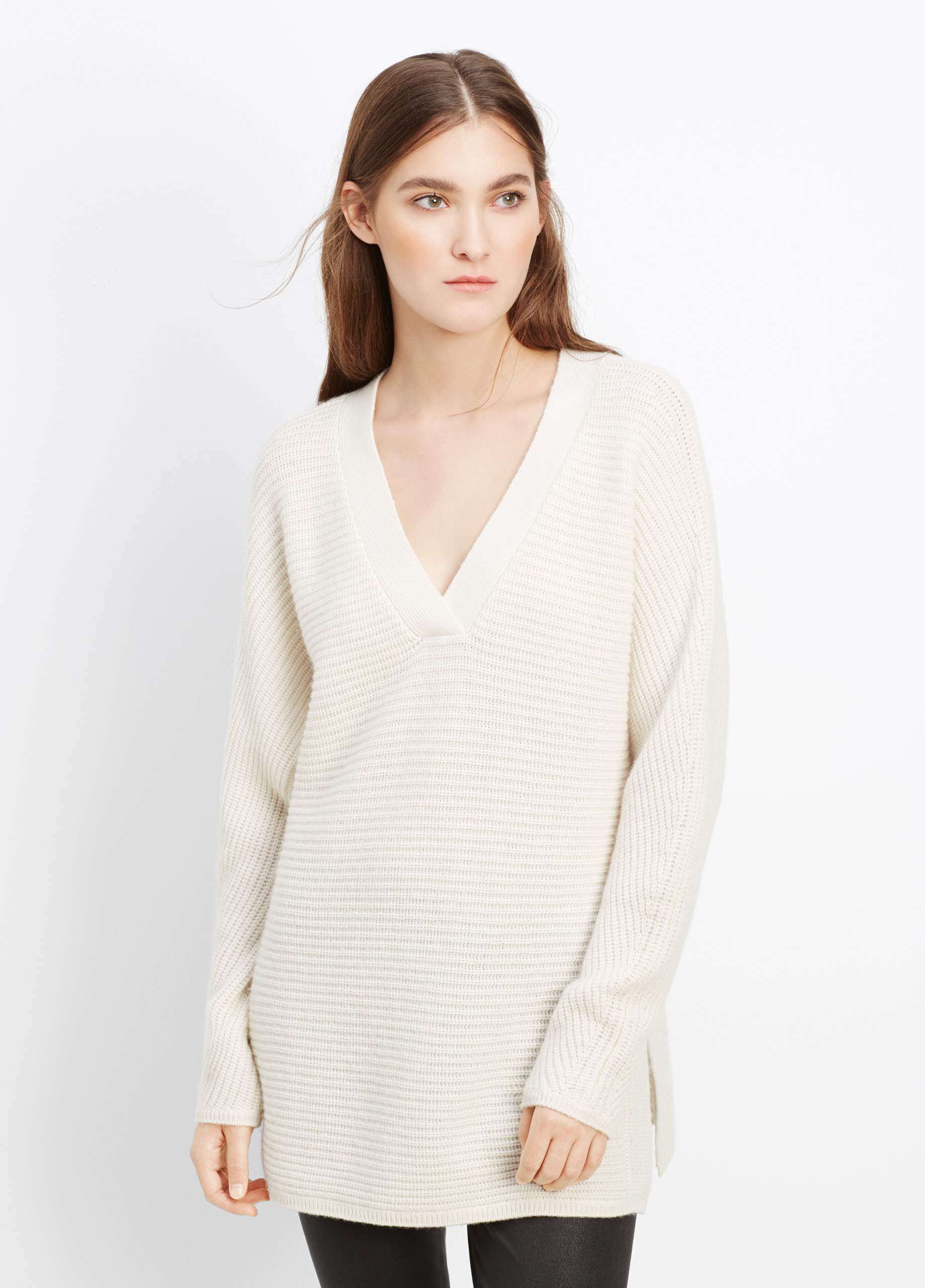 Vince Wool Cashmere Traveling Rib Double V-neck Sweater in White | Lyst