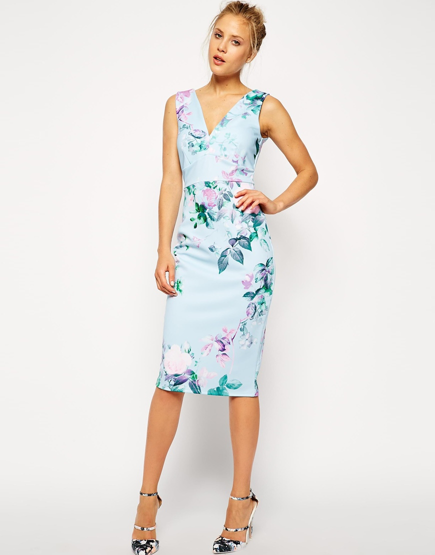 Lyst - Asos Blue Floral Pencil Printed Body-Conscious Dress in Blue