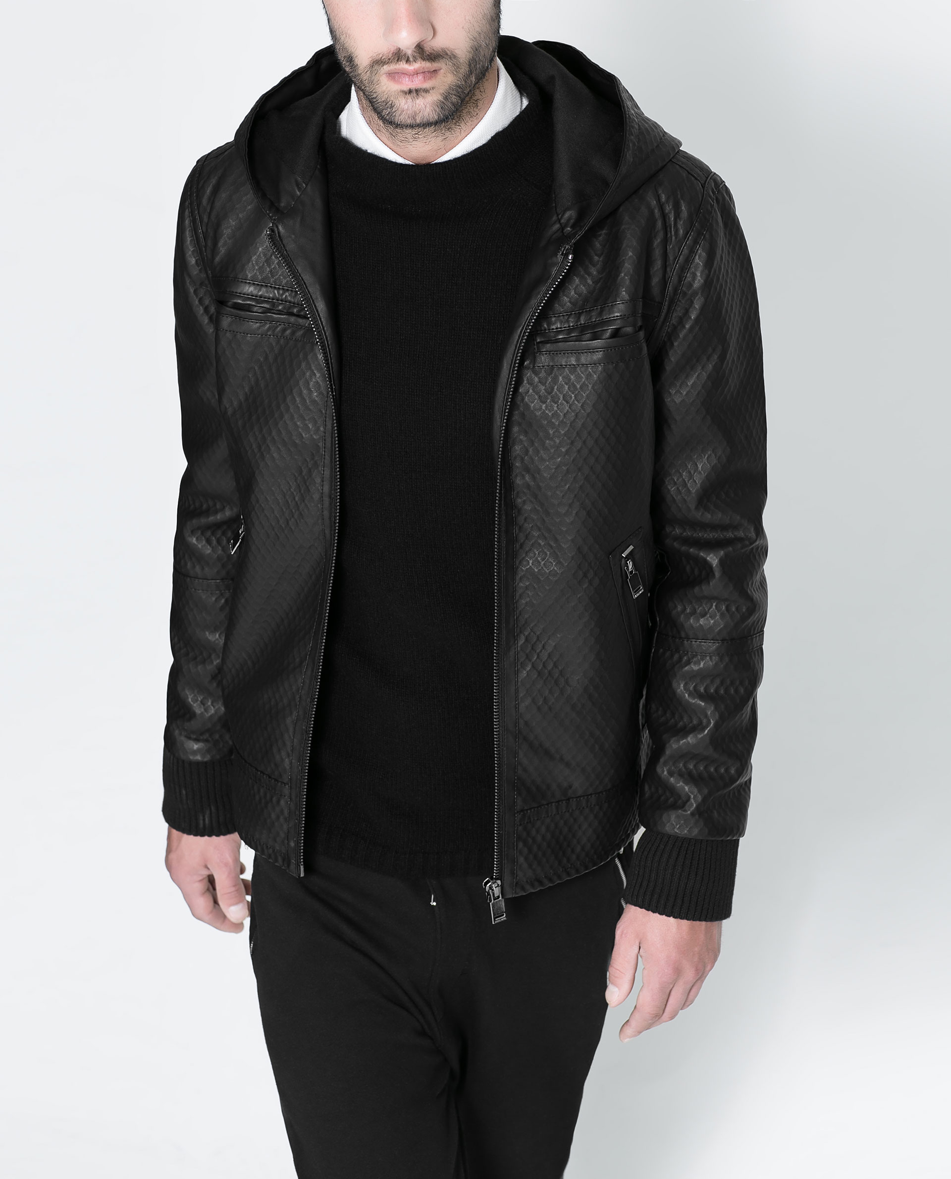 Zara Embossed Synthetic Leather Jacket In Black For Men Lyst Gallery