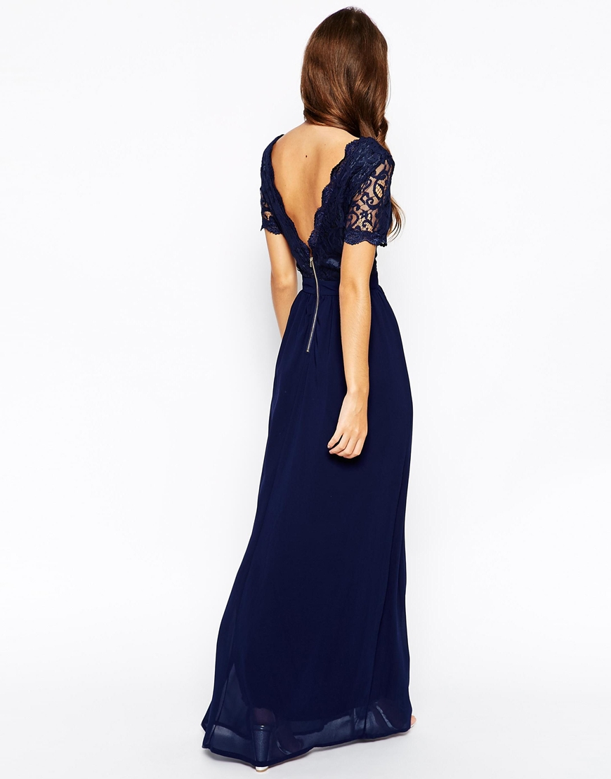 Lyst - Club L Maxi Dress With Scallop Lace Plunge - Navy in Blue