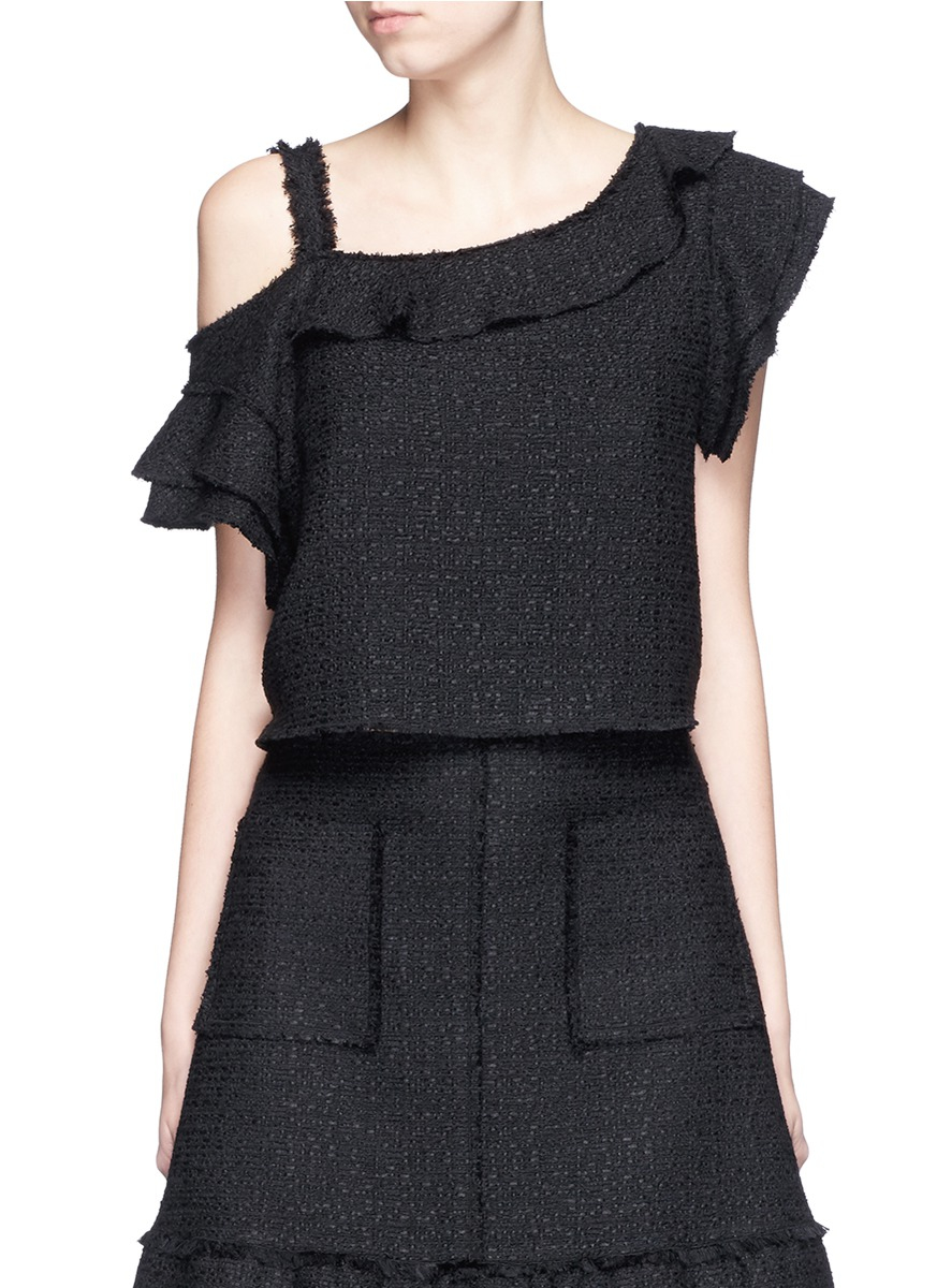 Lyst - Proenza schouler Ruffle One-shoulder Tweed Cropped Top in Black
