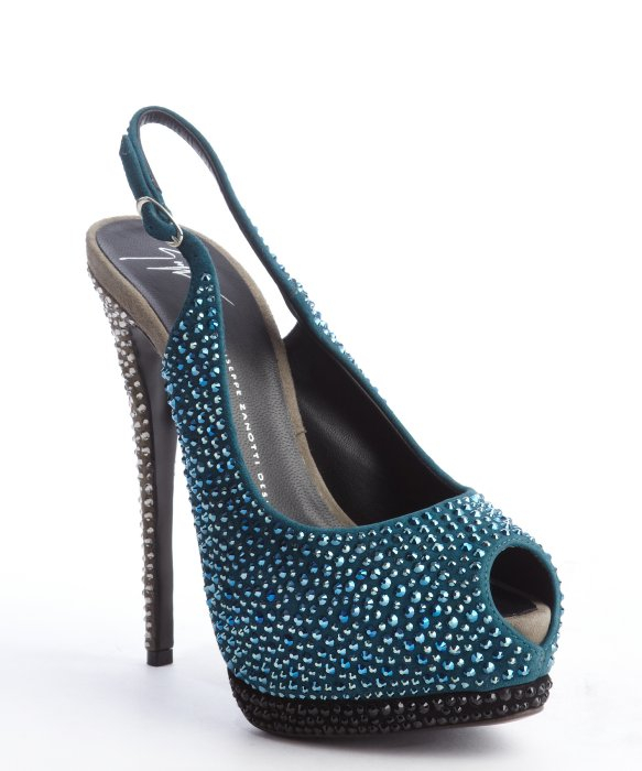 Giuseppe zanotti Teal and Grey Crystal Studded Singleback Peep Toe ...