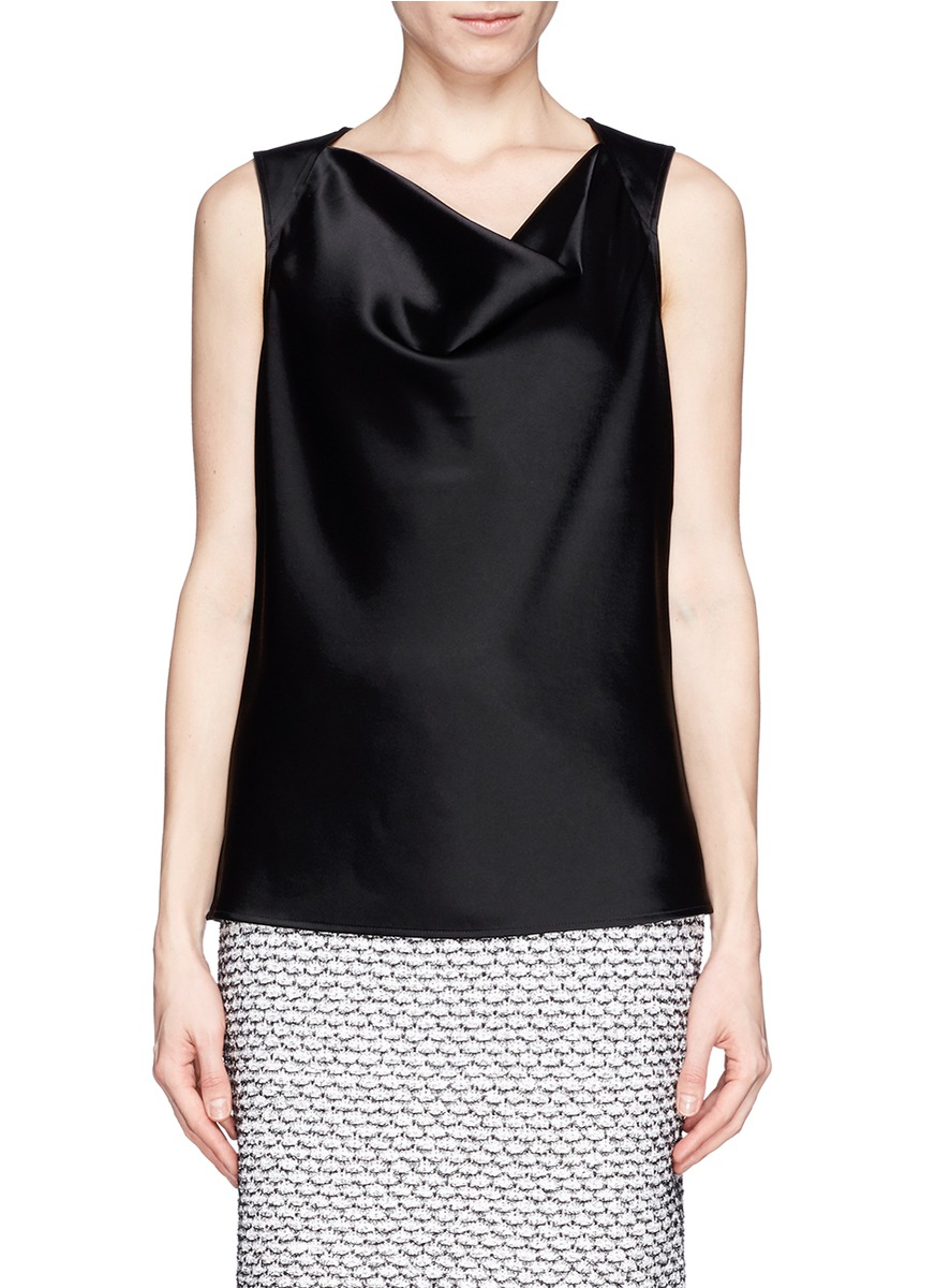 Lyst - St. John Cowl Neck Liquid Satin Sleeveless Top in Black