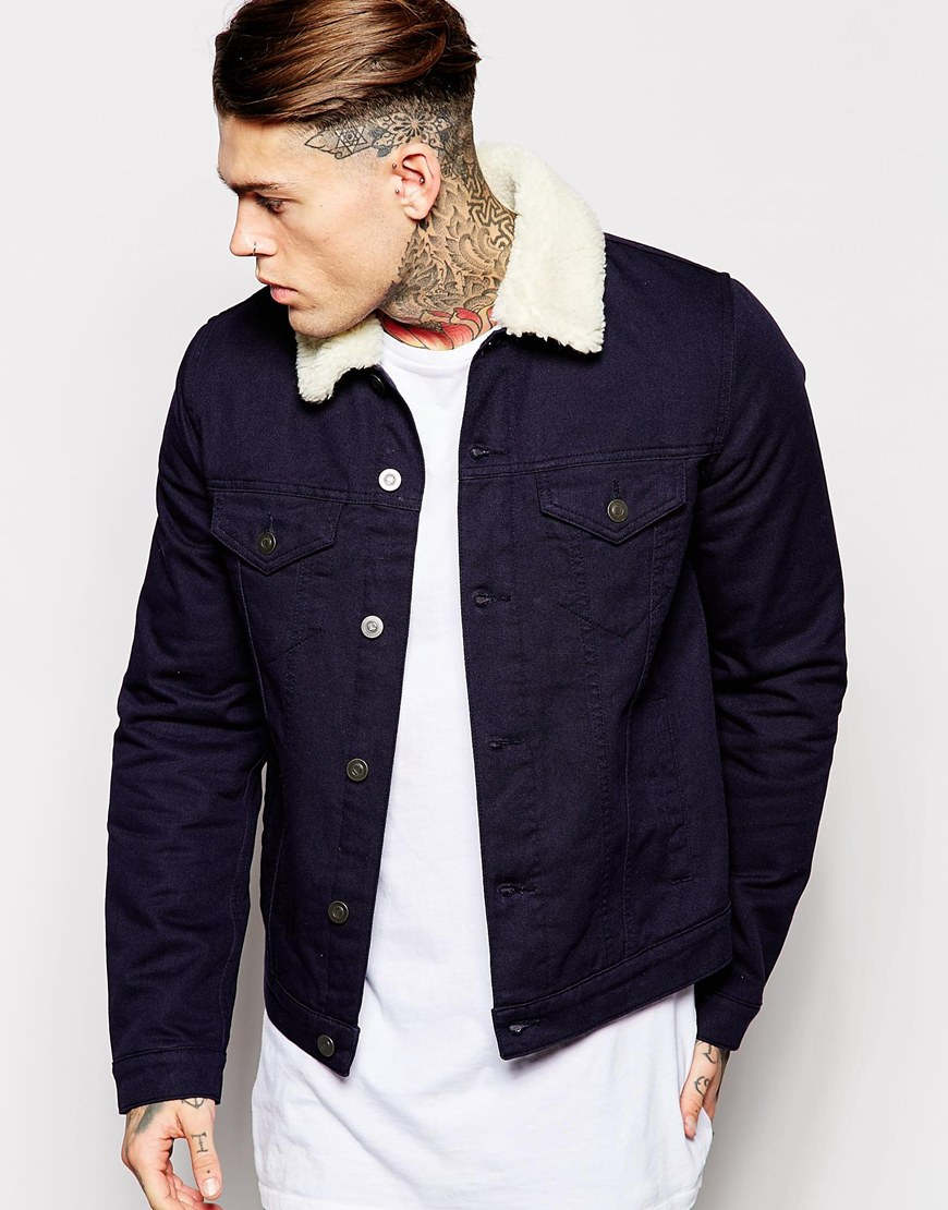 Lyst - Asos Denim Jacket With Borg Collar In Navy in Blue for Men