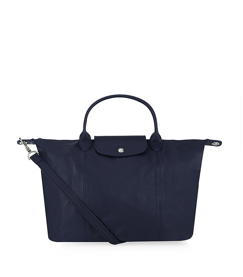 Longchamp Le Pliage Cuir Medium Handbag in Blue (Dark Blue) | Lyst