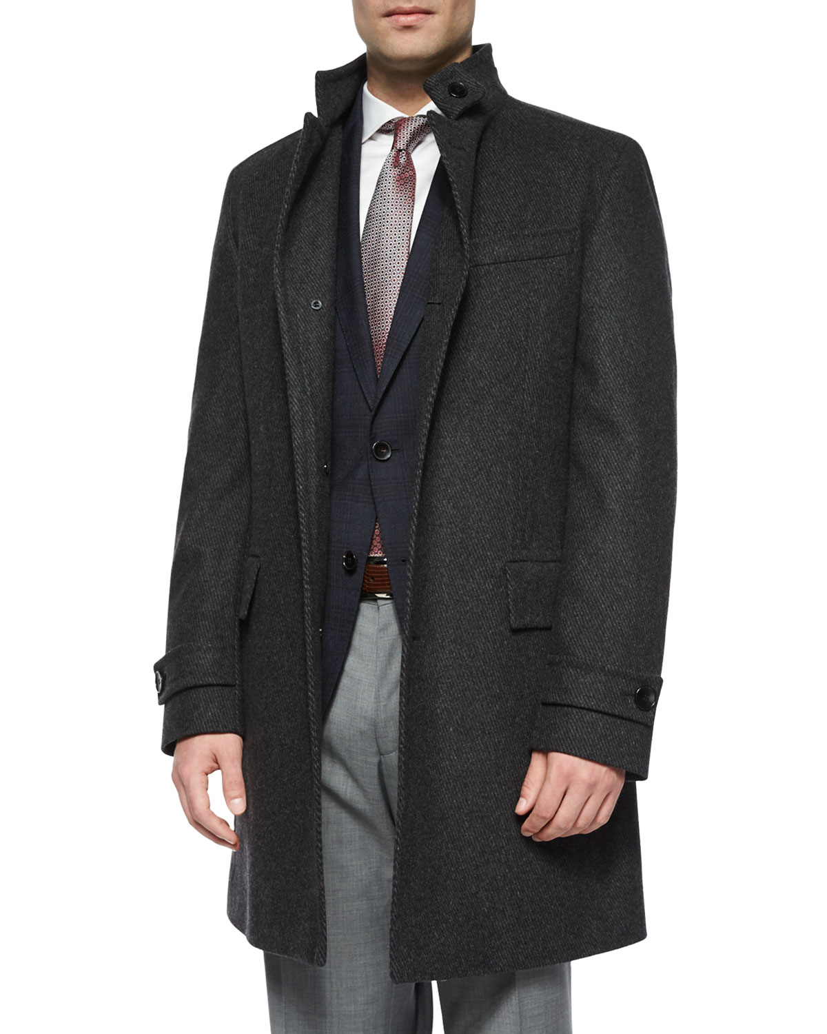 Lyst - Boss Stand-collar Wool Overcoat in Gray for Men