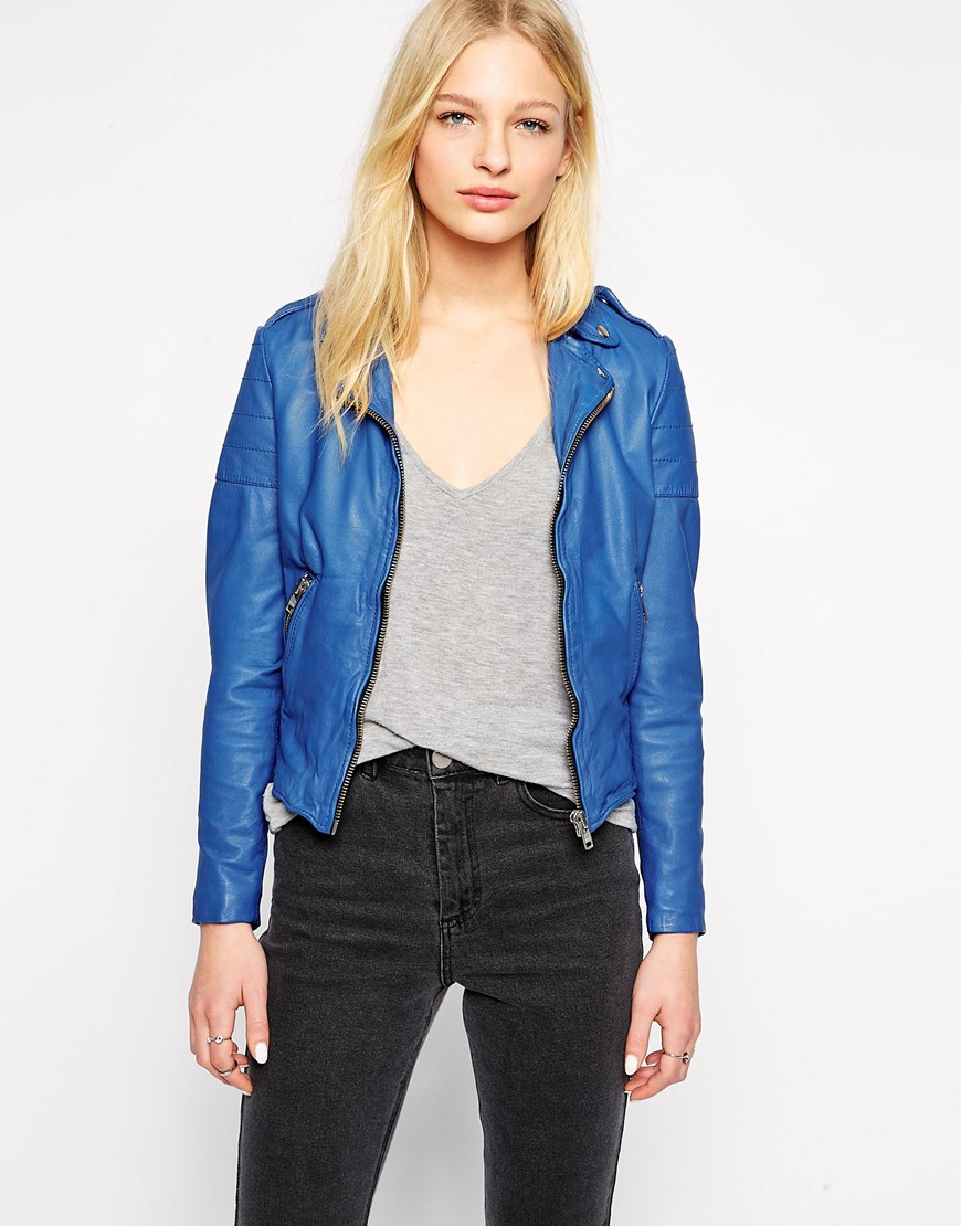 Muubaa Presley Leather Biker Jacket In Blue Lyst Gallery Women S Biker Jackets