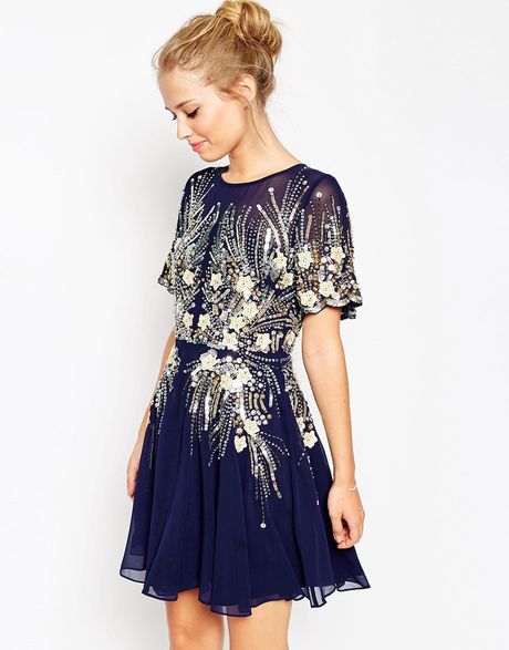 Asos Gold And Navy Sparkle Mesh Skater Dress in Blue (Navy) | Lyst