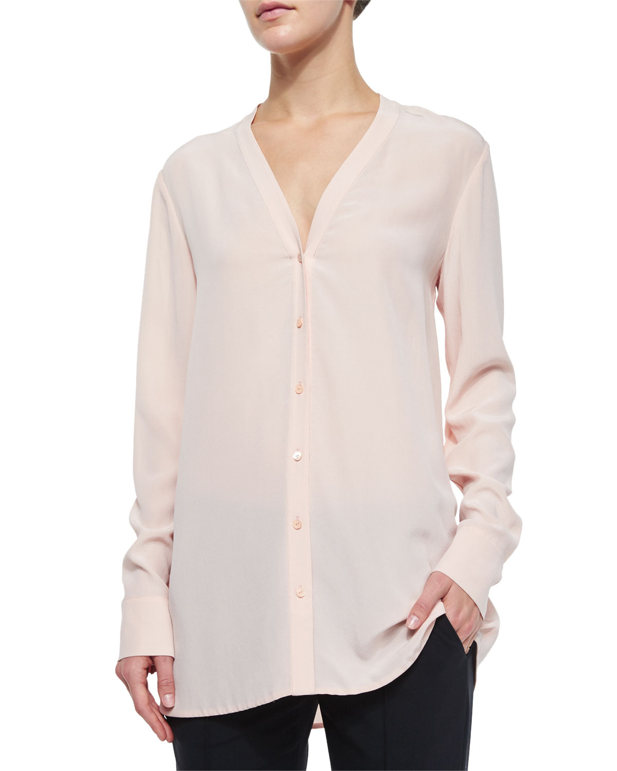 Lyst - Vince V-neck Button-down Silk Blouse in Pink
