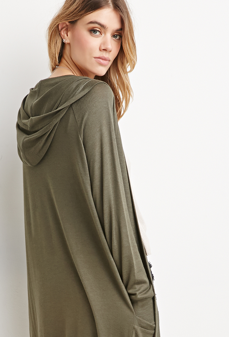 Forever 21 Longline Hooded Cardigan in Green | Lyst