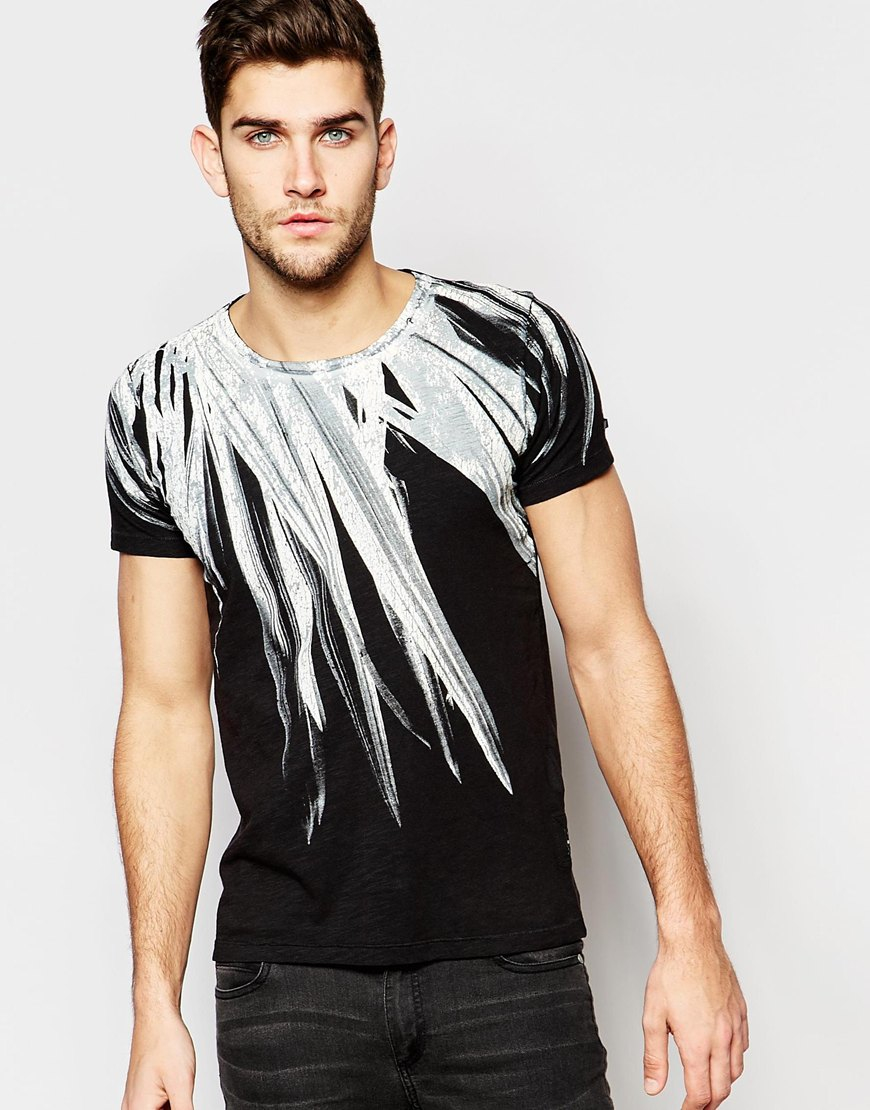 Replay T-shirt Crew Neck Large Feather Print In Washed Black in Gray ...